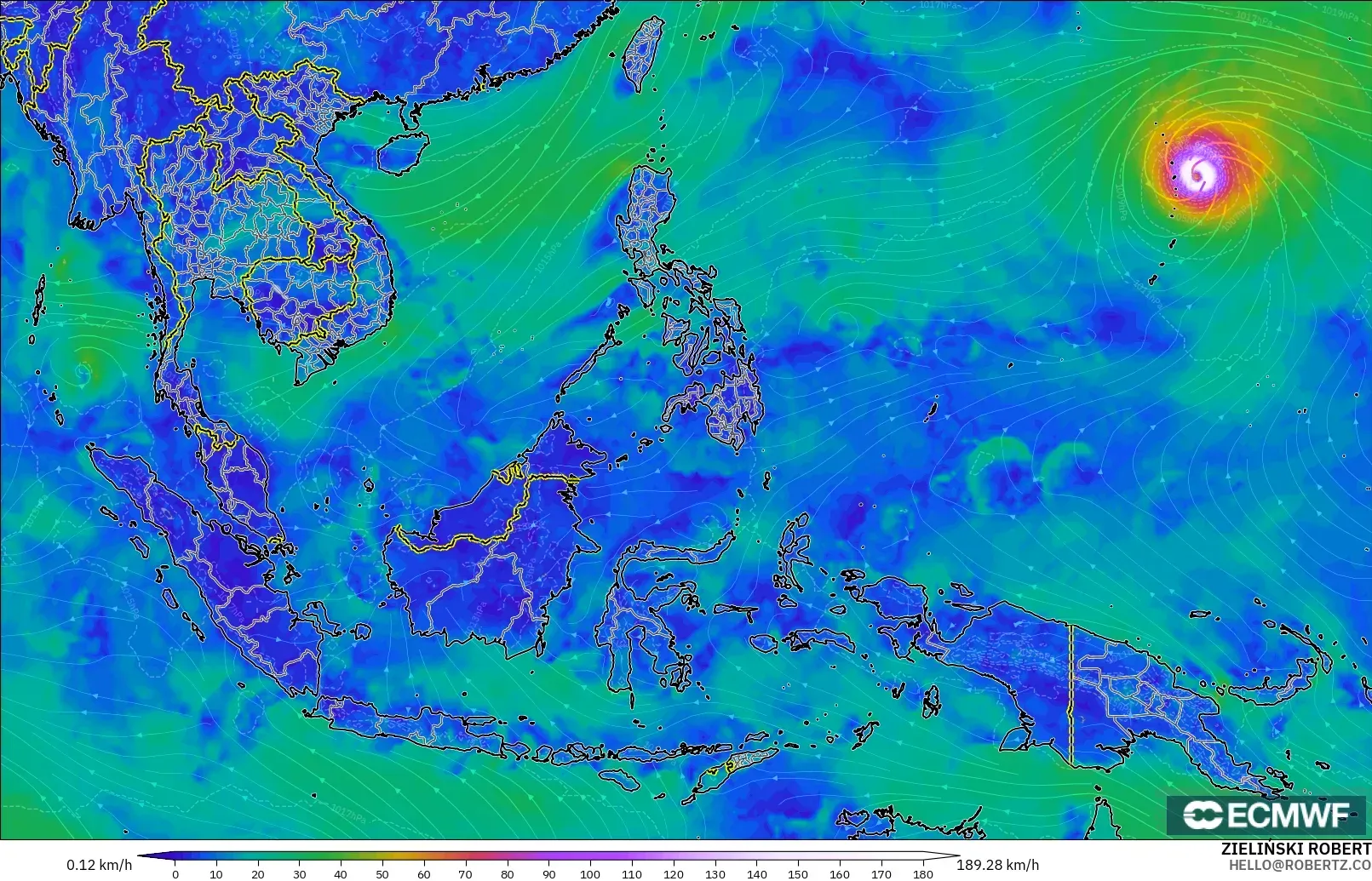 ECMWF IFS 0.25° model - Güneydoğu Asya, 10 m Rüzgâr