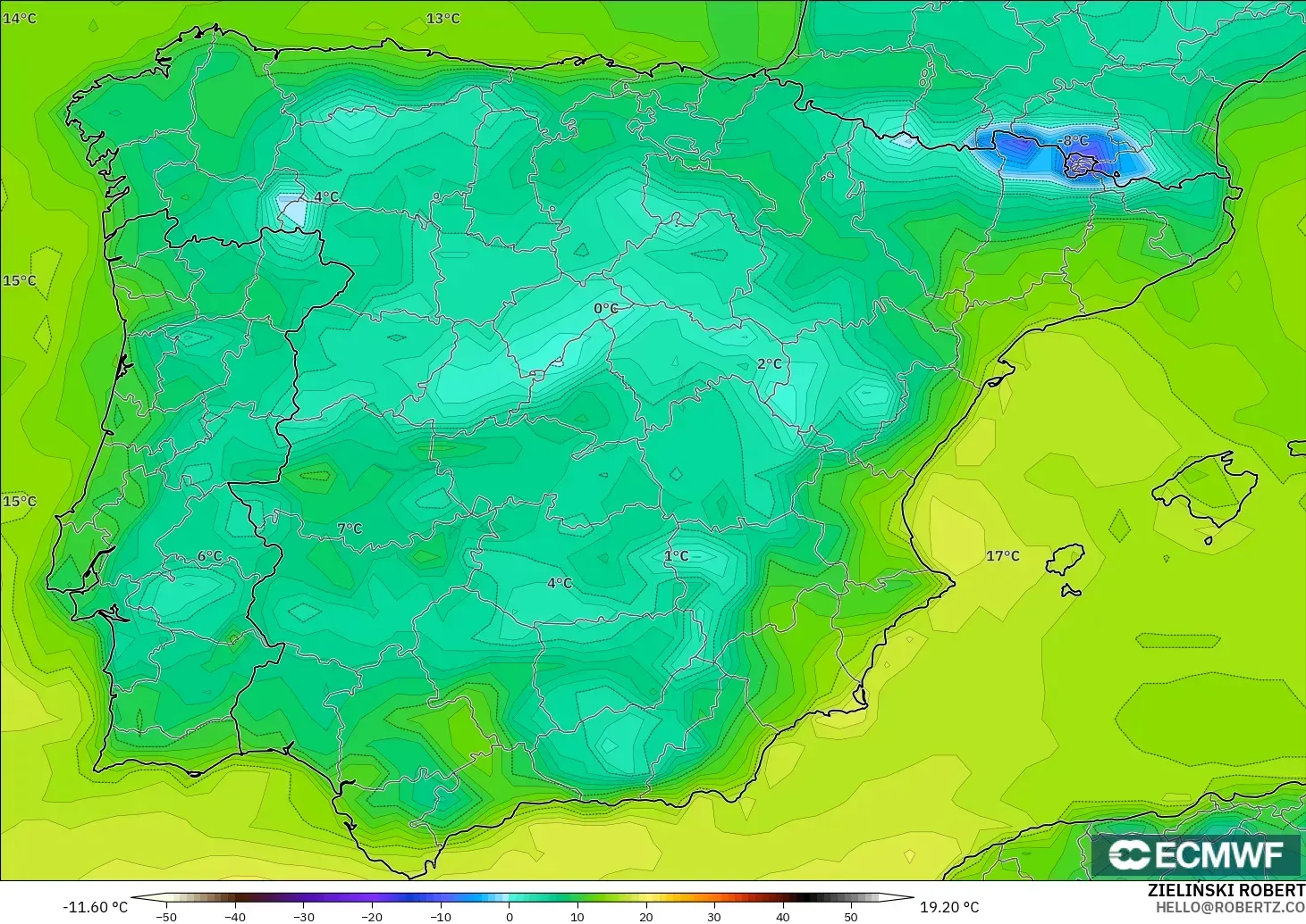ECMWF IFS 0.25° model - İspanya, 2 m Çiy Noktası
