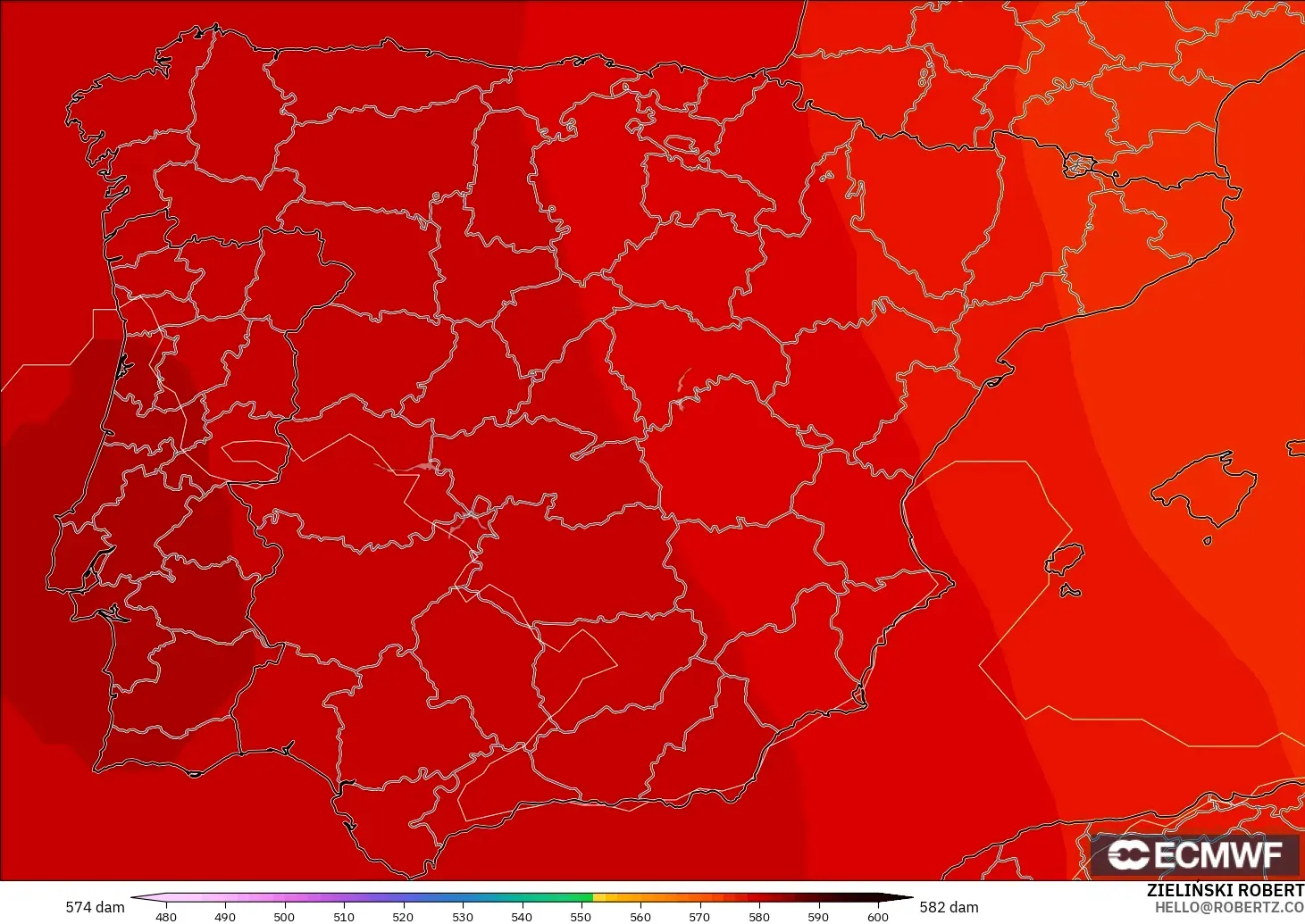 ECMWF IFS 0.25° model - İspanya, 500 hPa’da jeopotansiyel yükseklik