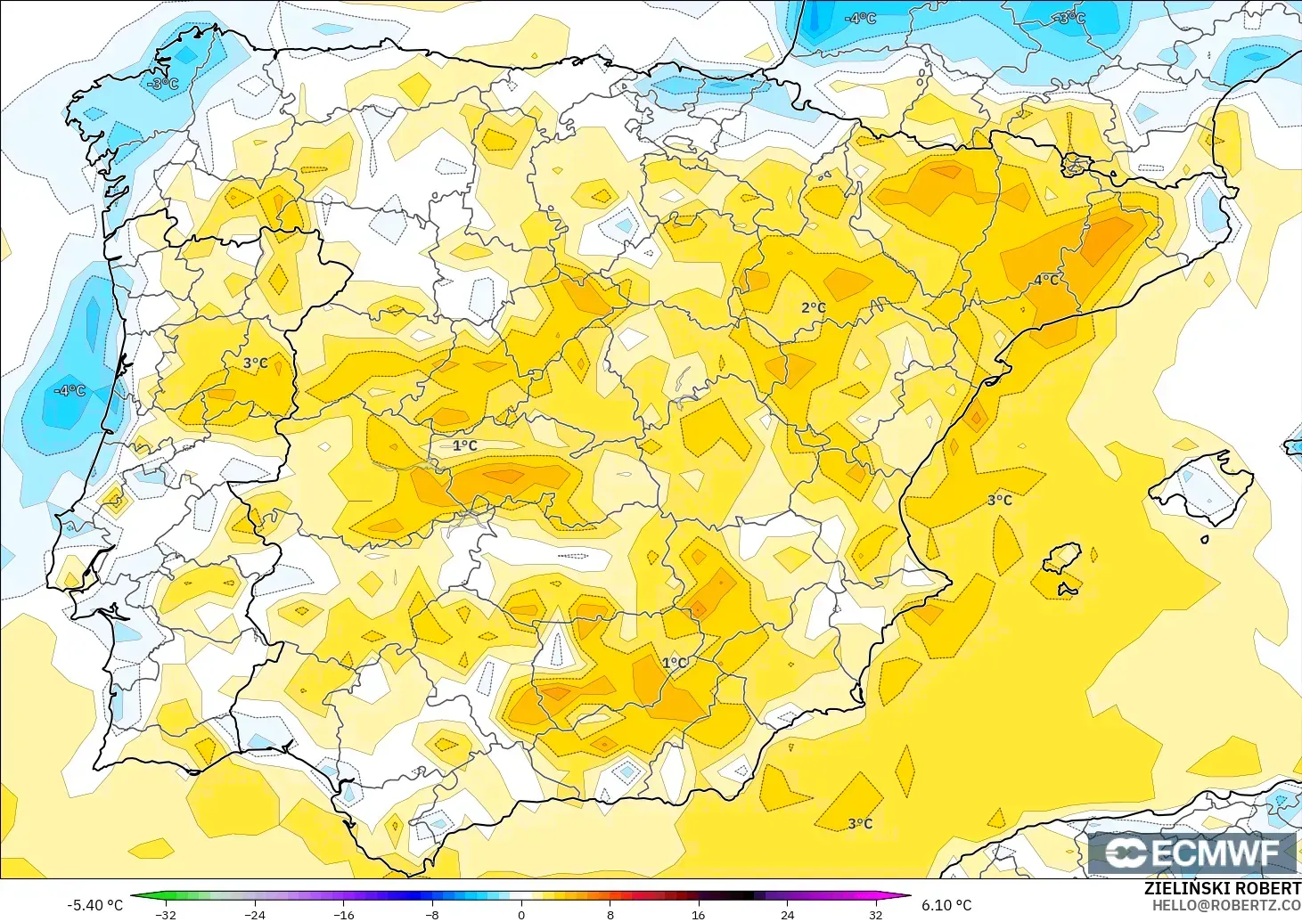 ECMWF IFS 0.25° model - İspanya, 2 m Sıcaklık Anomalisi