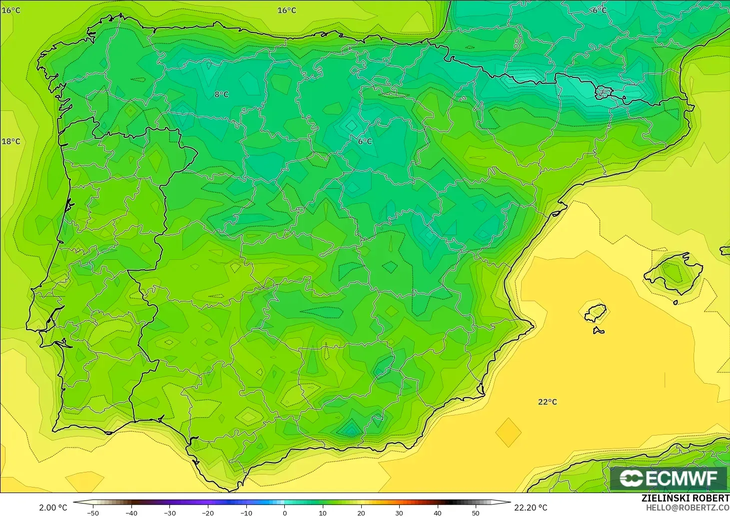 ECMWF IFS 0.25° model - İspanya, 2 m Sıcaklık