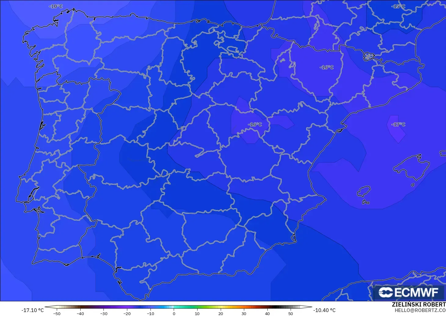 ECMWF IFS 0.25° model - İspanya, 500 hPa Sıcaklık