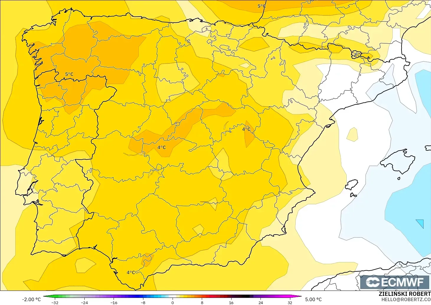 ECMWF IFS 0.25° model - İspanya, 850 hPa Sıcaklık Anomalisi