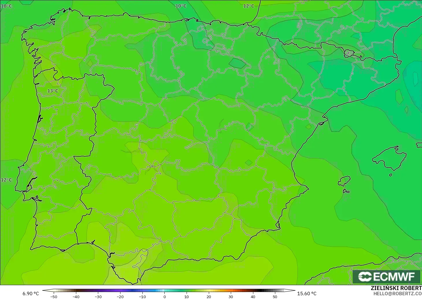 ECMWF IFS 0.25° model - İspanya, 850 hPa Sıcaklık
