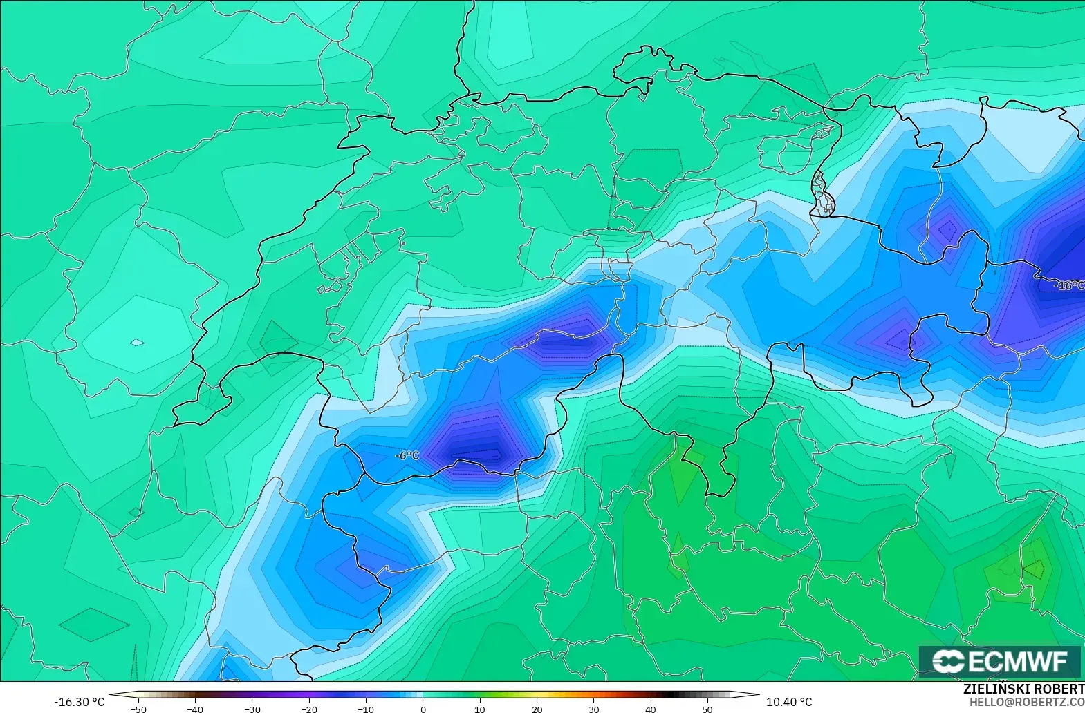 ECMWF IFS 0.25° model - İsviçre, 2 m Çiy Noktası