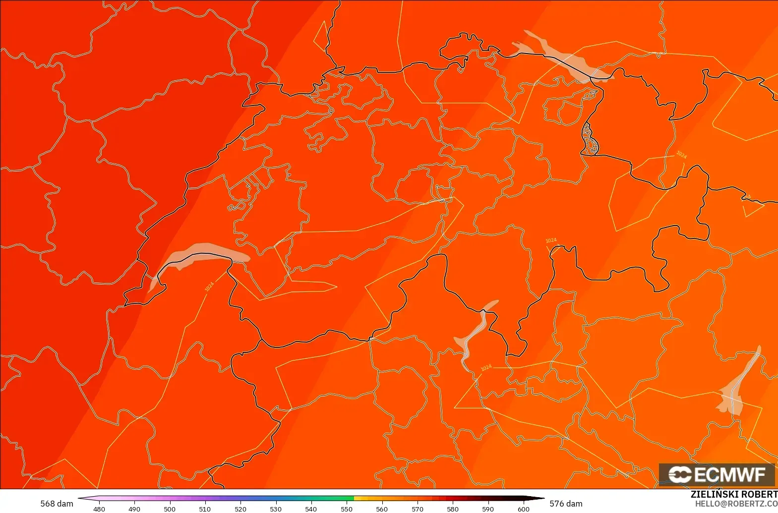 ECMWF IFS 0.25° model - İsviçre, 500 hPa’da jeopotansiyel yükseklik
