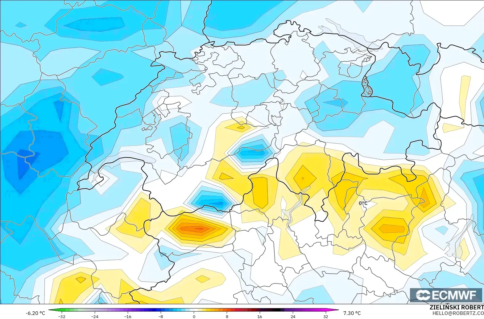 ECMWF IFS 0.25° model - İsviçre, 2 m Sıcaklık Anomalisi