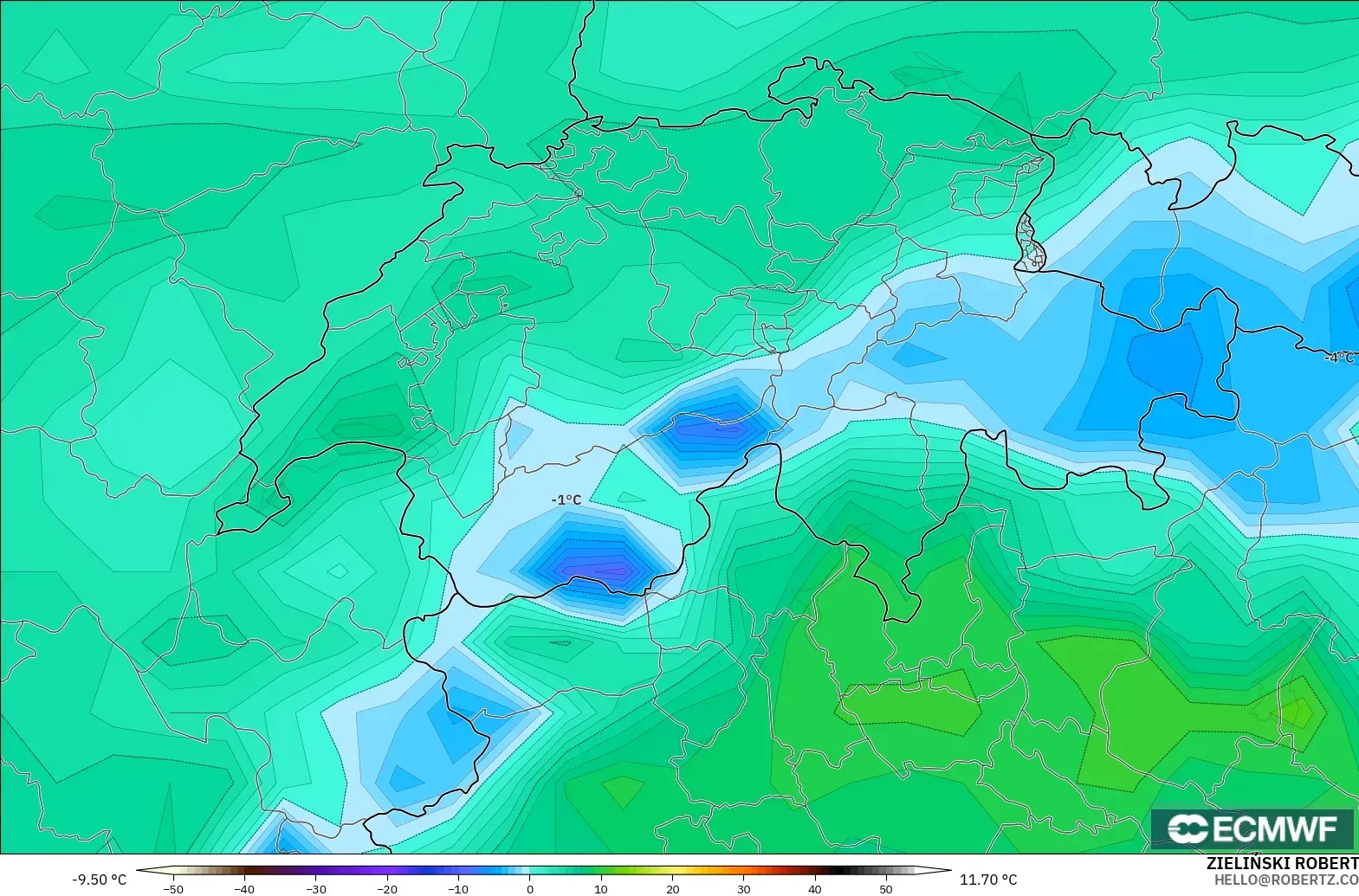 ECMWF IFS 0.25° model - İsviçre, 2 m Sıcaklık