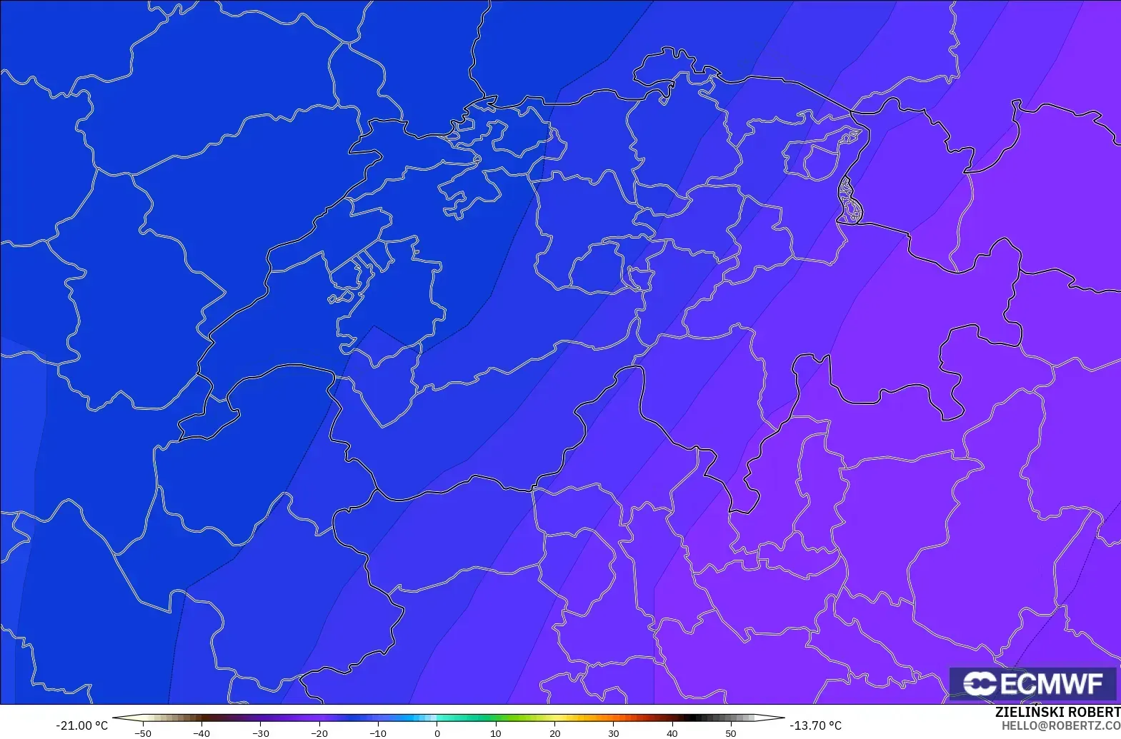 ECMWF IFS 0.25° model - İsviçre, 500 hPa Sıcaklık