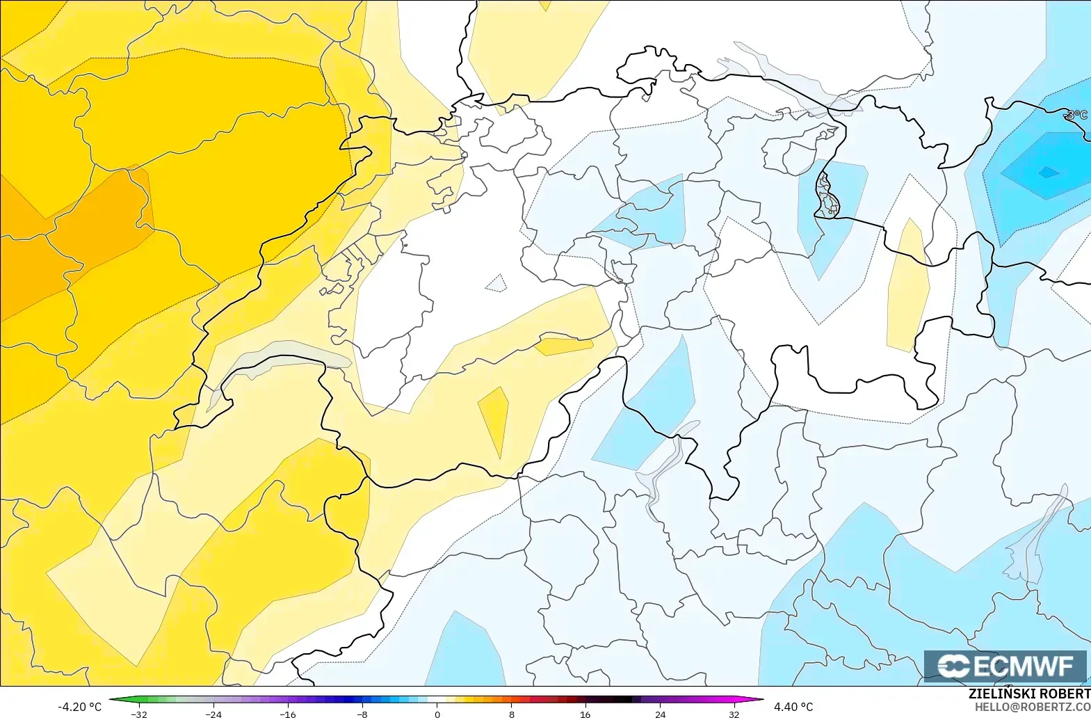 ECMWF IFS 0.25° model - İsviçre, 850 hPa Sıcaklık Anomalisi
