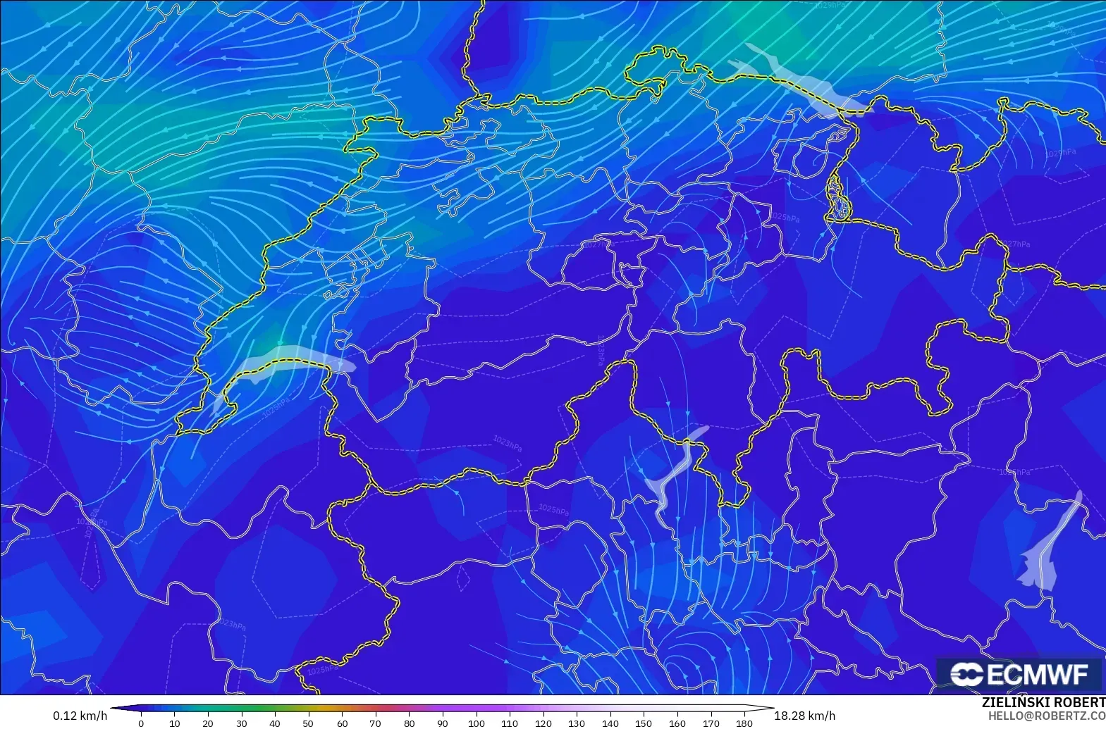 ECMWF IFS 0.25° model - İsviçre, 10 m Rüzgâr