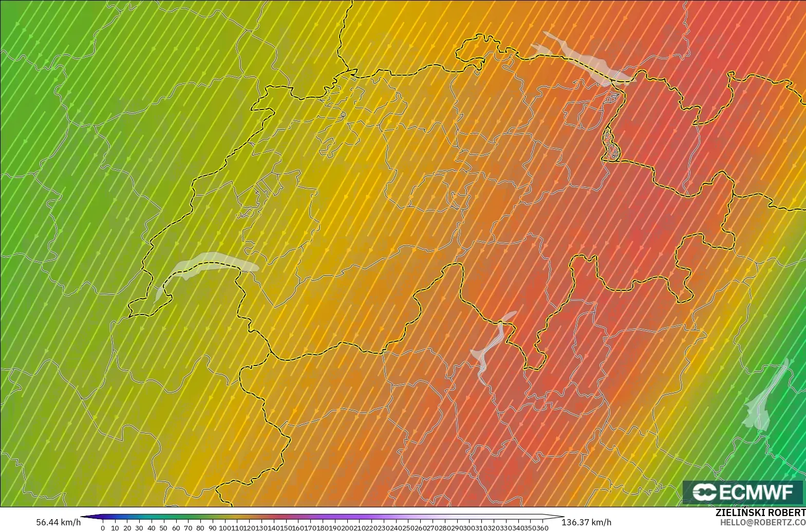 ECMWF IFS 0.25° model - İsviçre, 300 hPa Rüzgârı (jet)