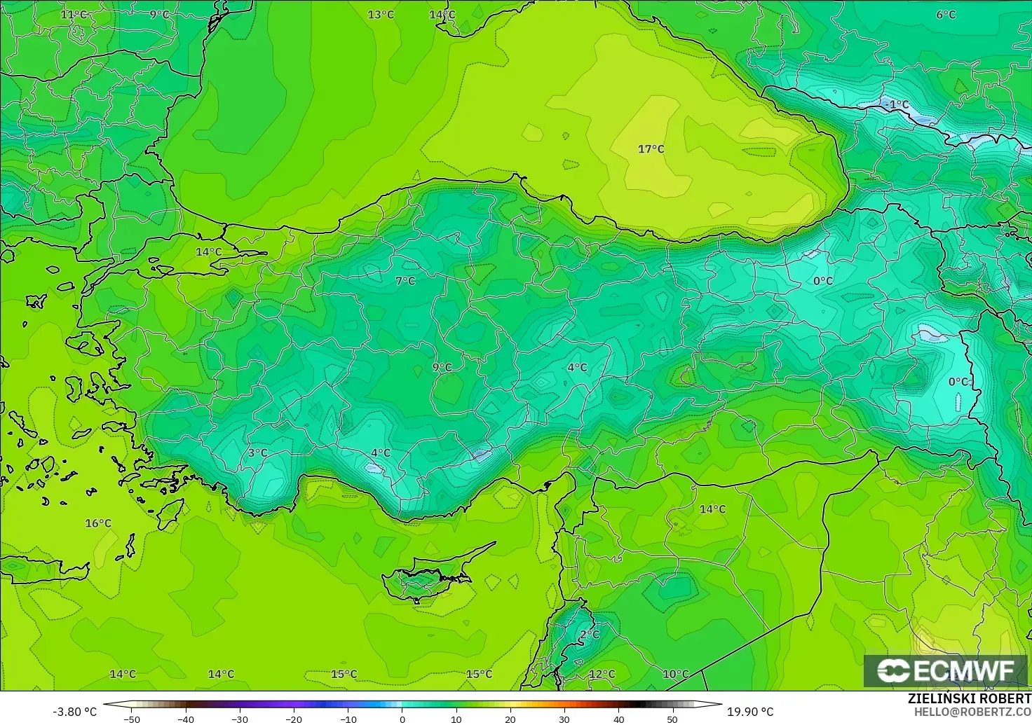 ECMWF IFS 0.25° model - Türkiye, 2 m Çiy Noktası