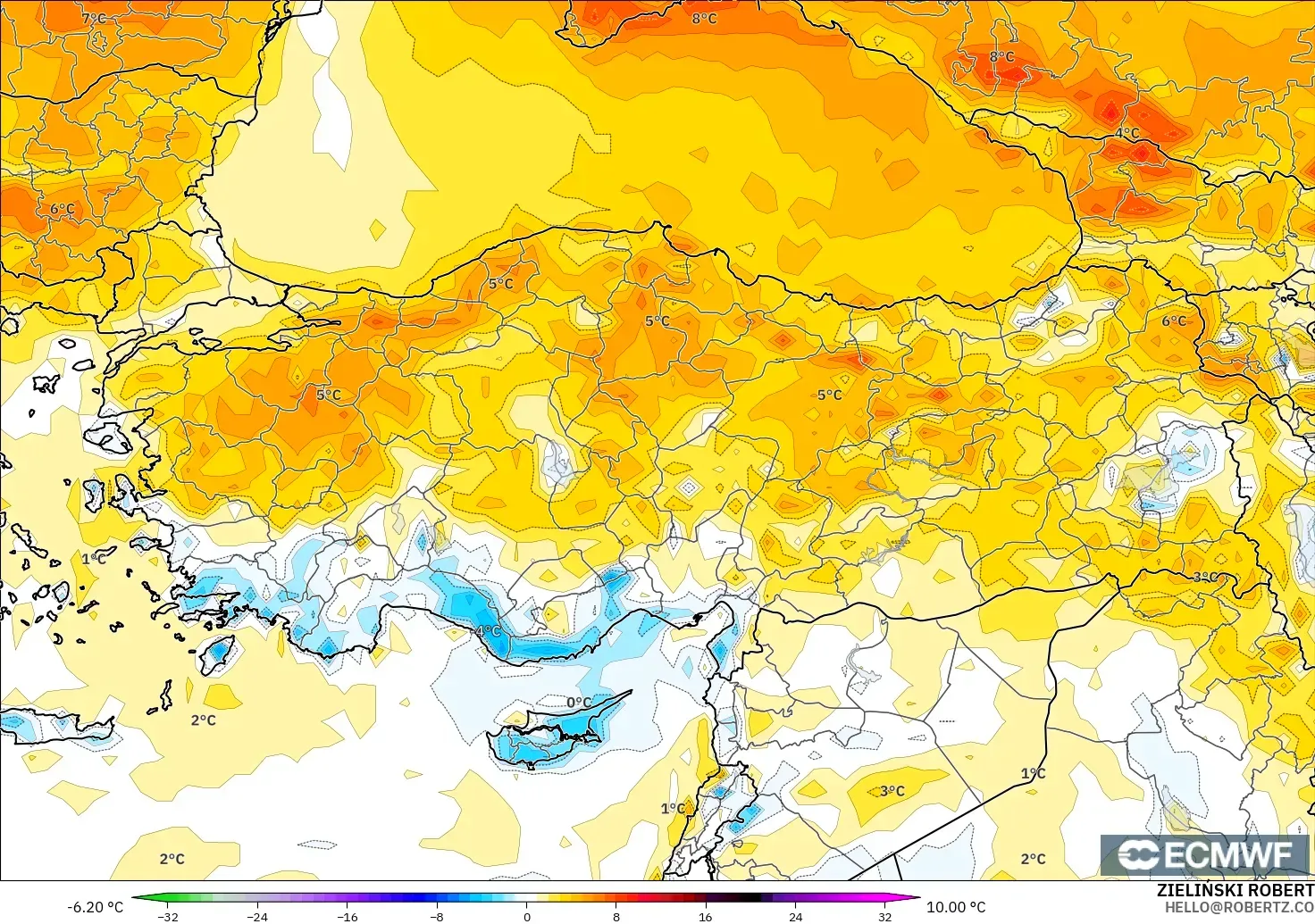 ECMWF IFS 0.25° model - Türkiye, 2 m Sıcaklık Anomalisi