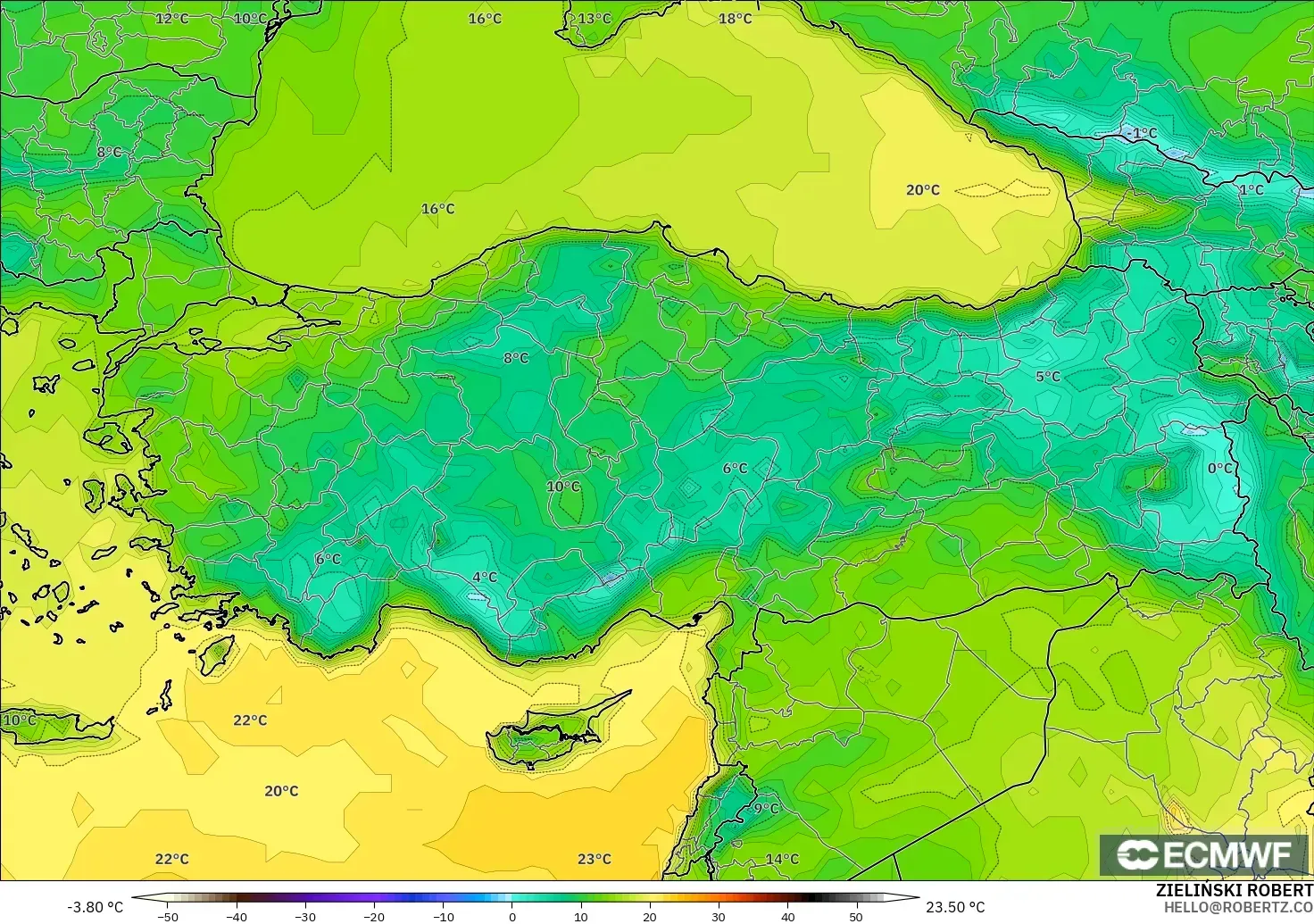 ECMWF IFS 0.25° model - Türkiye, 2 m Sıcaklık