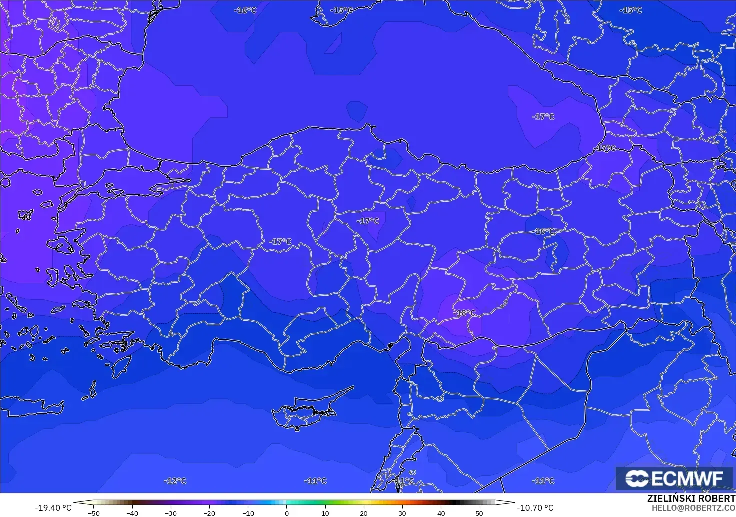 ECMWF IFS 0.25° model - Türkiye, 500 hPa Sıcaklık