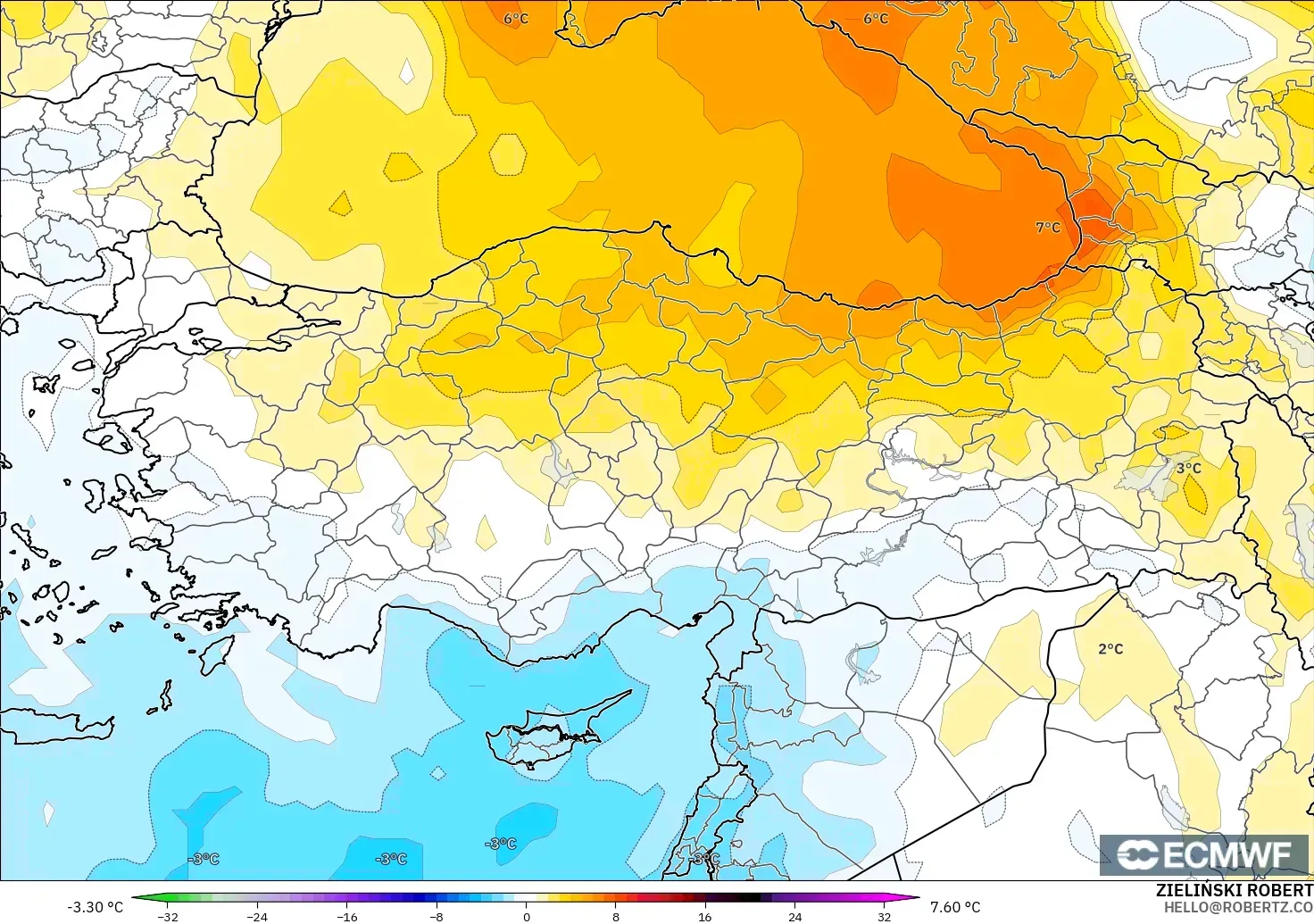 ECMWF IFS 0.25° model - Türkiye, 850 hPa Sıcaklık Anomalisi