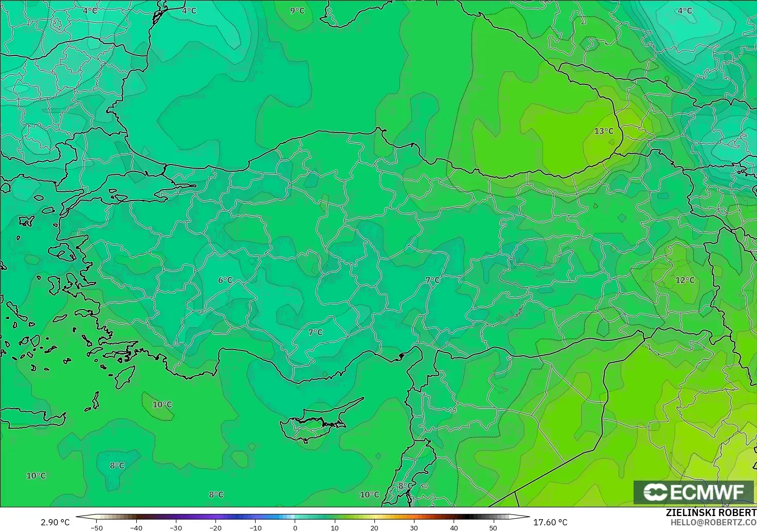 ECMWF IFS 0.25° model - Türkiye, 850 hPa Sıcaklık