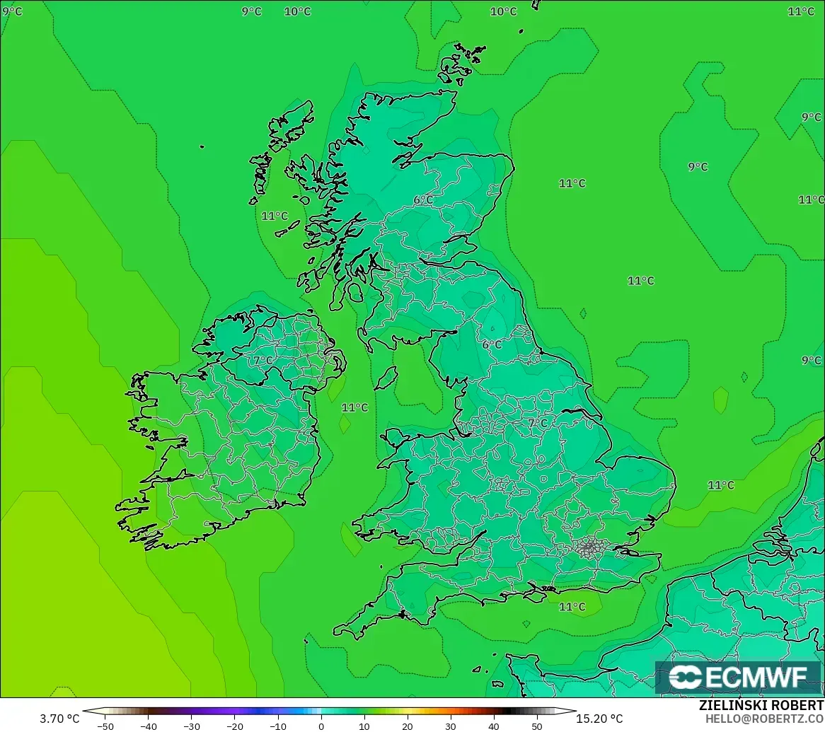 ECMWF IFS 0.25° model - Birleşik Krallık, 2 m Çiy Noktası