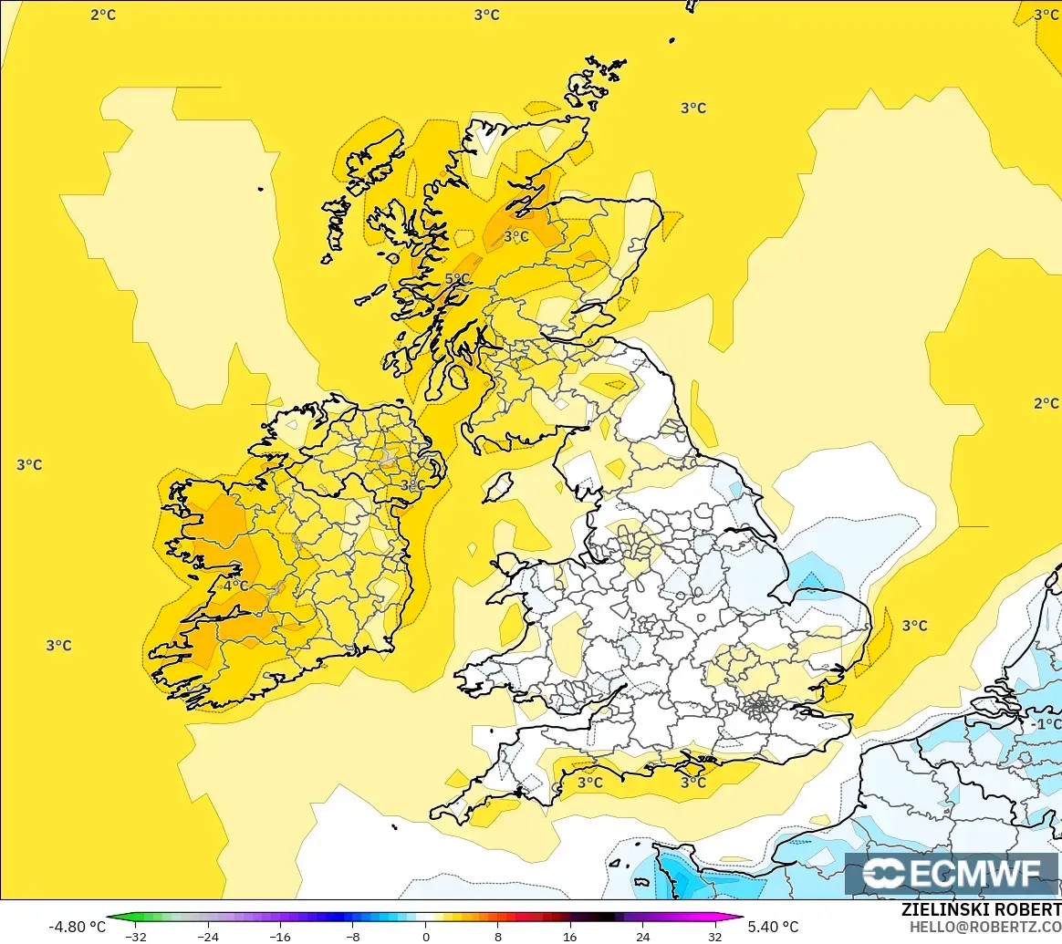 ECMWF IFS 0.25° model - Birleşik Krallık, 2 m Sıcaklık Anomalisi