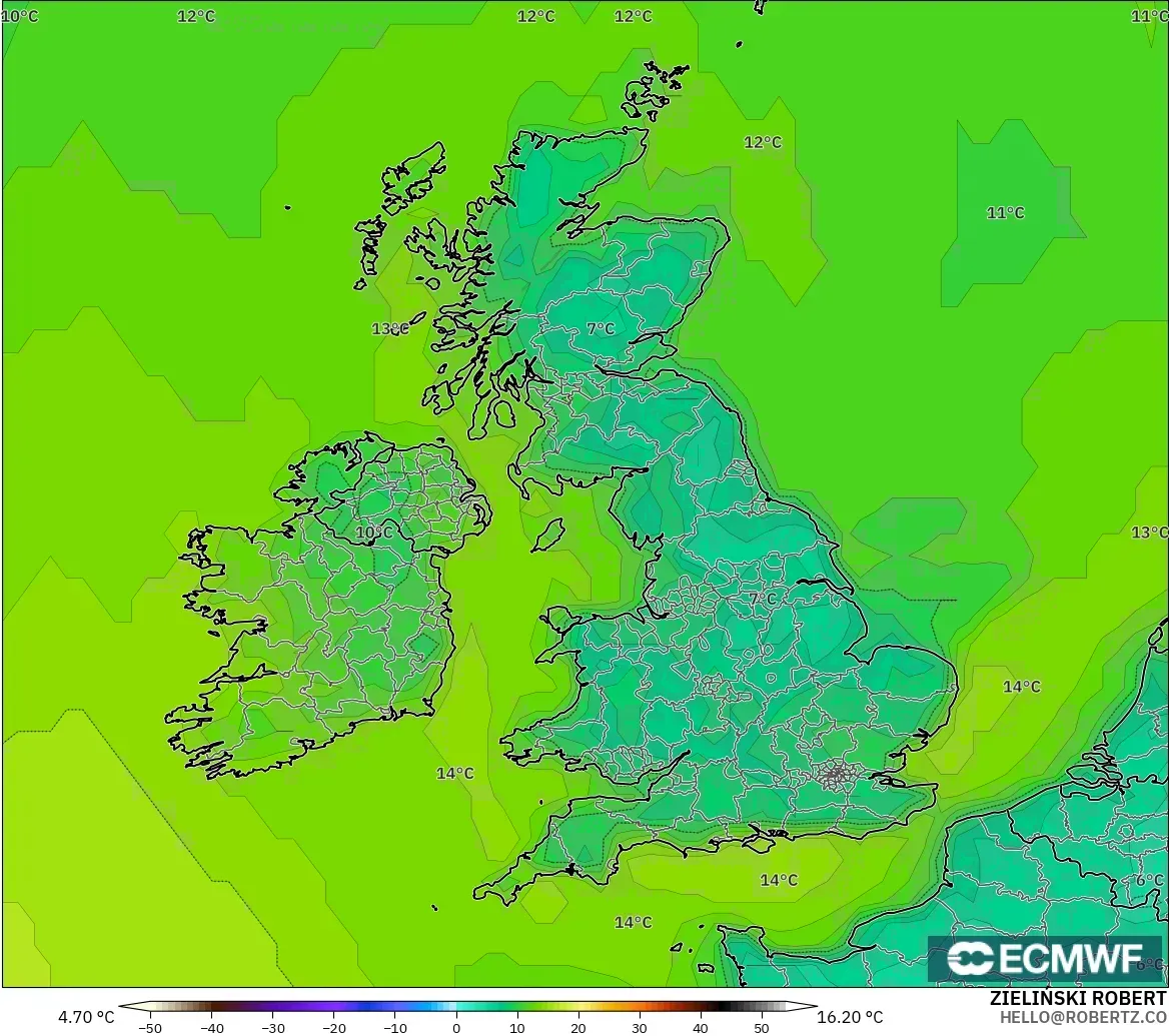 ECMWF IFS 0.25° model - Birleşik Krallık, 2 m Sıcaklık