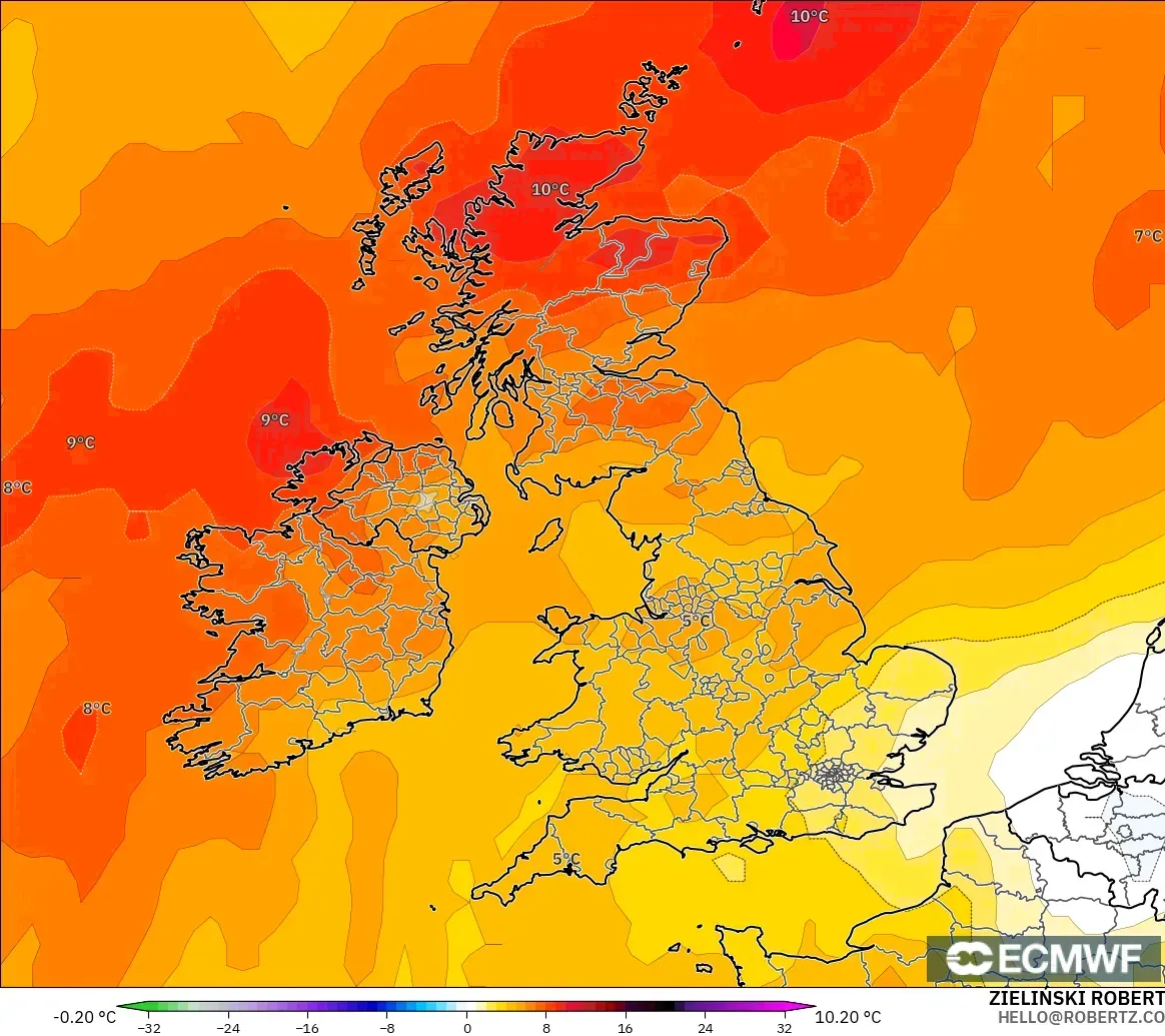 ECMWF IFS 0.25° model - Birleşik Krallık, 850 hPa Sıcaklık Anomalisi