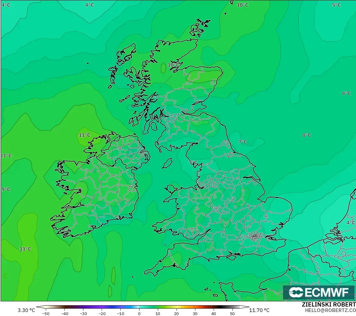 ECMWF IFS 0.25° model - Birleşik Krallık, 850 hPa Sıcaklık