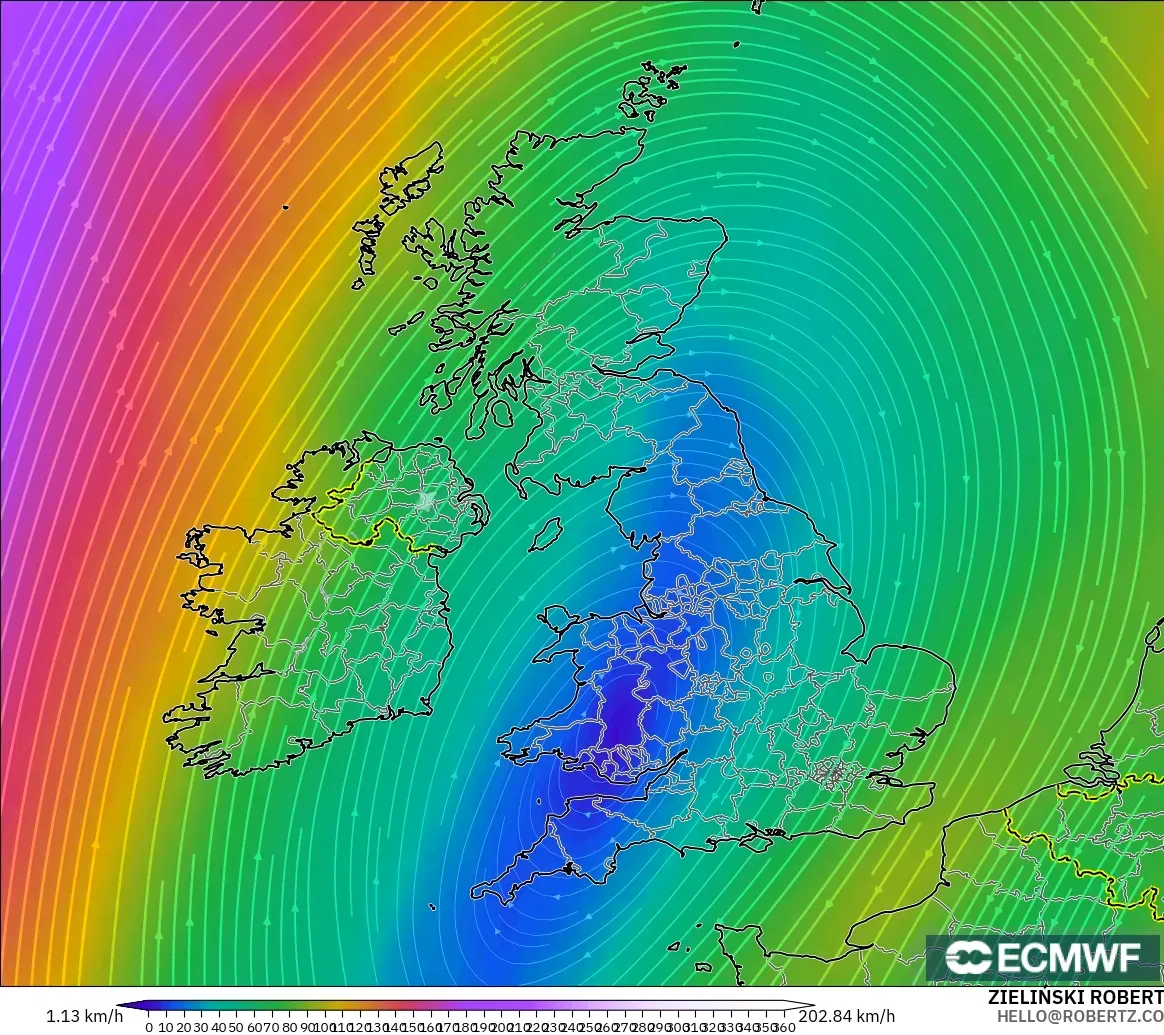 ECMWF IFS 0.25° model - Birleşik Krallık, 300 hPa Rüzgârı (jet)