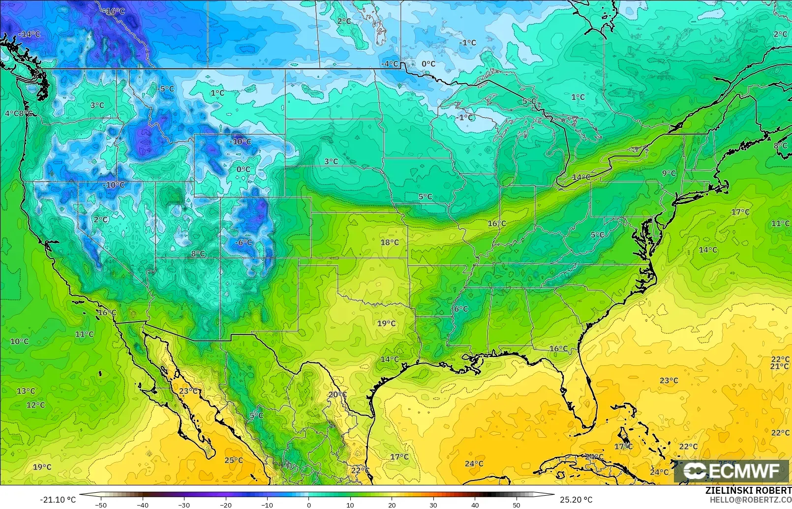 ECMWF IFS 0.25° model - Amerika Birleşik Devletleri, 2 m Çiy Noktası