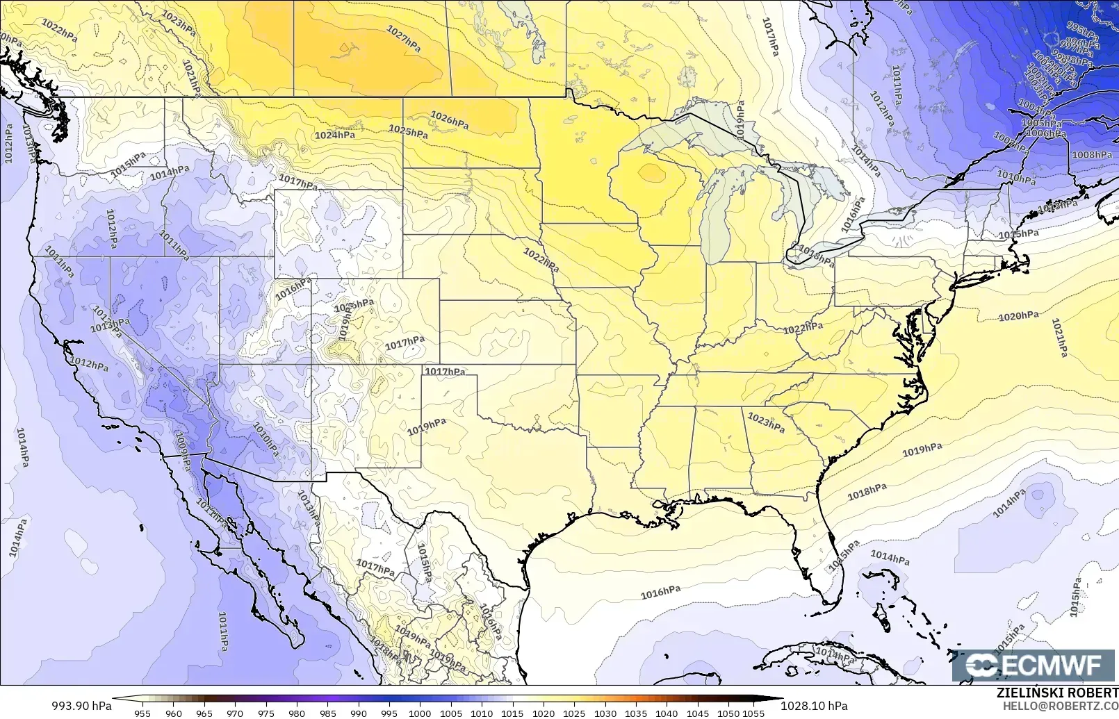 ECMWF IFS 0.25° model - Amerika Birleşik Devletleri, Basınç