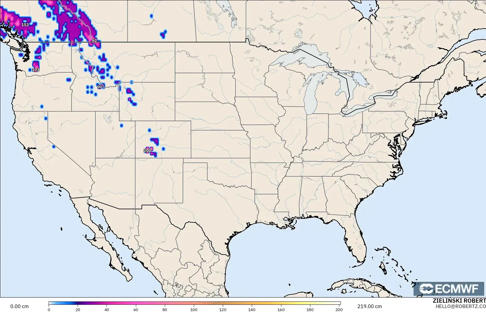 ECMWF IFS 0.25° model - Amerika Birleşik Devletleri, Kar Kalınlığı