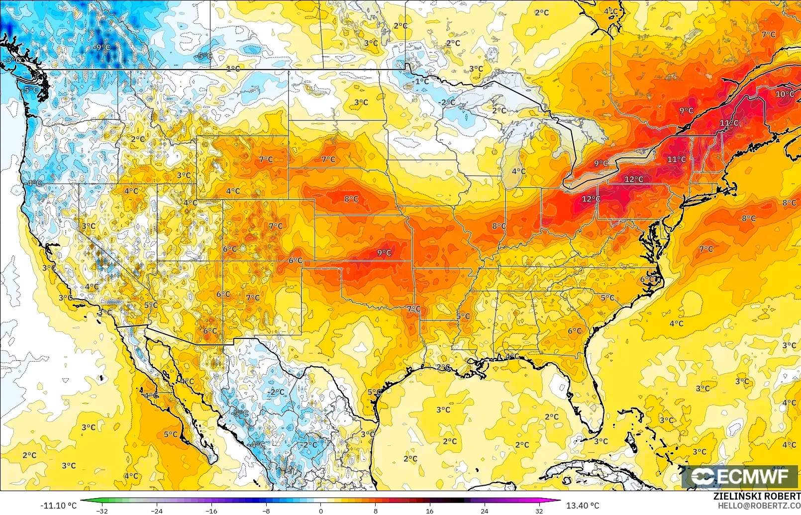 ECMWF IFS 0.25° model - Amerika Birleşik Devletleri, 2 m Sıcaklık Anomalisi
