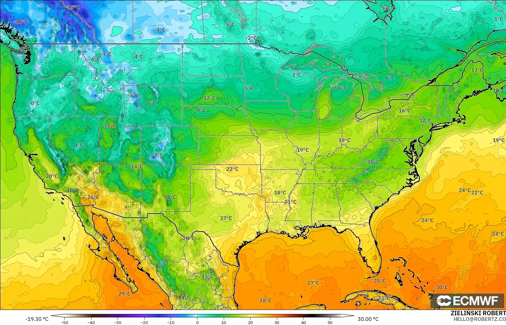 ECMWF IFS 0.25° model - Amerika Birleşik Devletleri, 2 m Sıcaklık