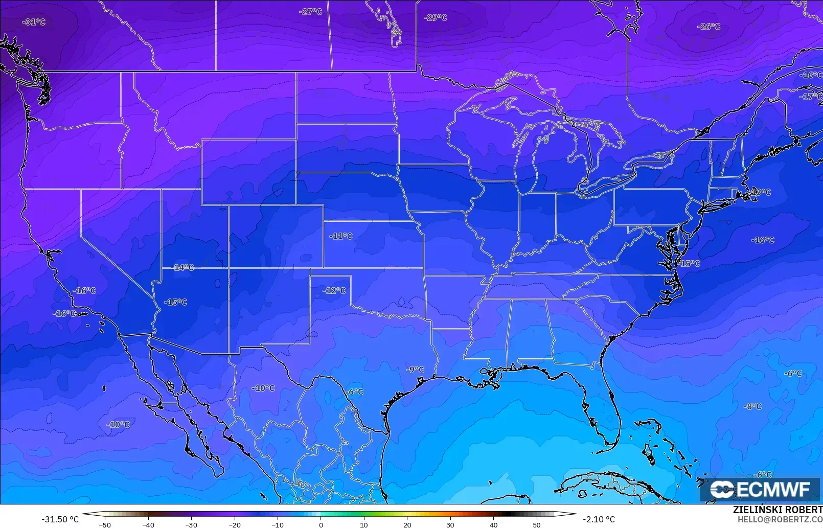 ECMWF IFS 0.25° model - Amerika Birleşik Devletleri, 500 hPa Sıcaklık