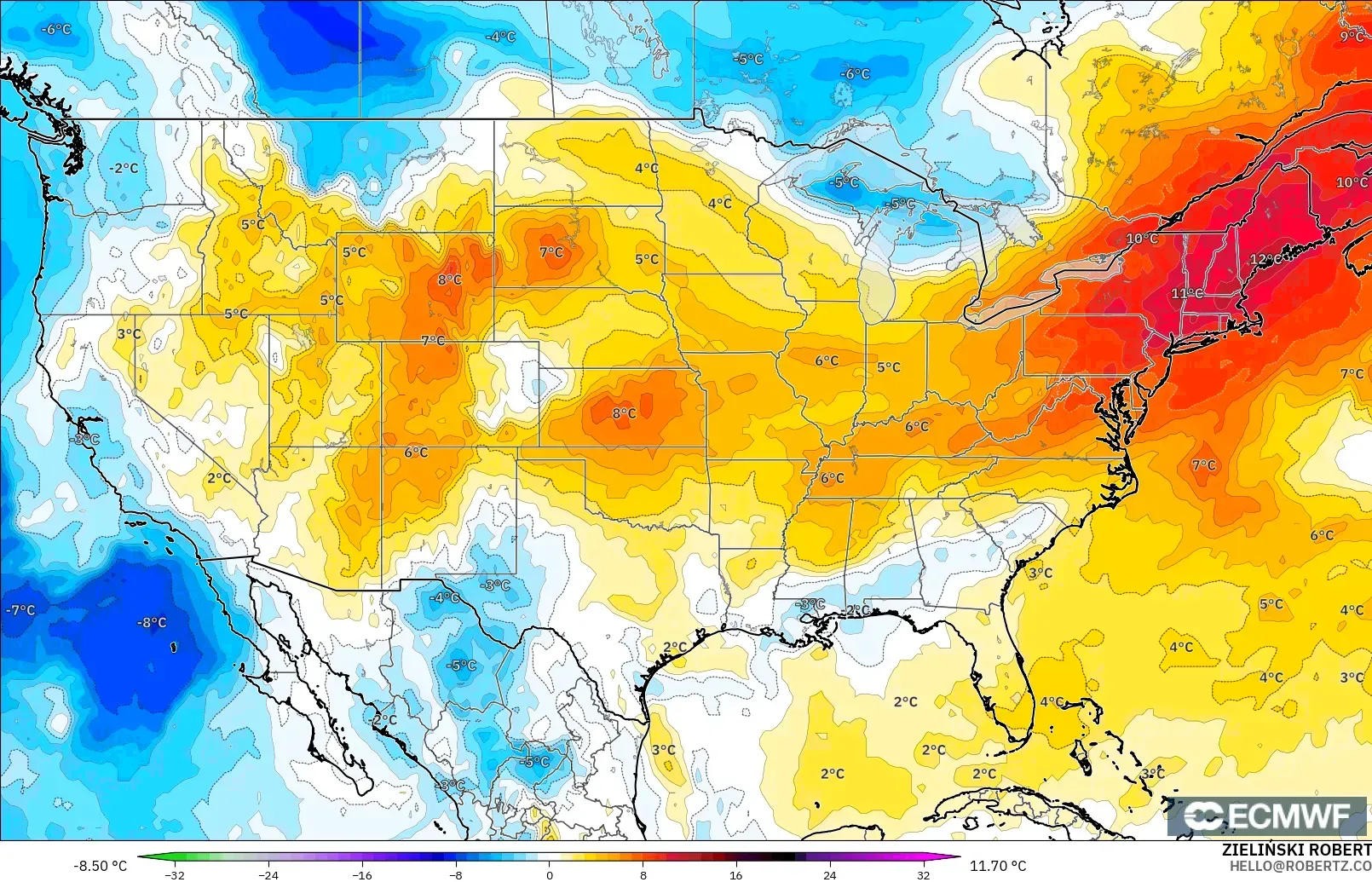 ECMWF IFS 0.25° model - Amerika Birleşik Devletleri, 850 hPa Sıcaklık Anomalisi