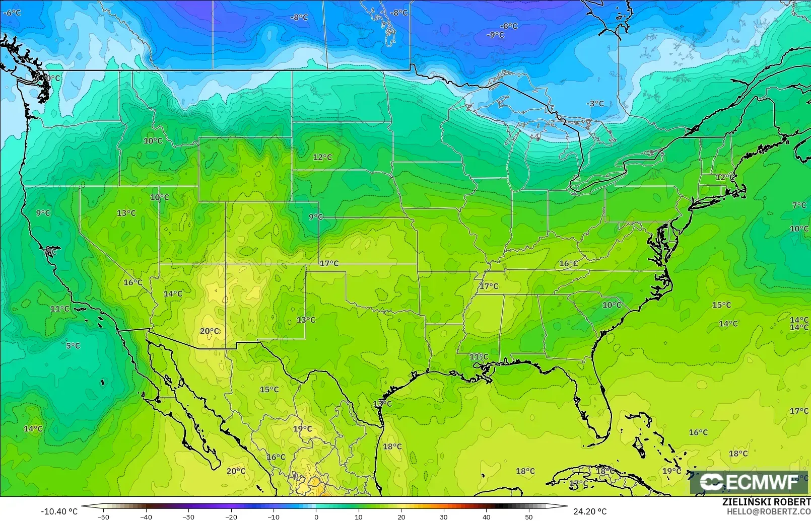 ECMWF IFS 0.25° model - Amerika Birleşik Devletleri, 850 hPa Sıcaklık