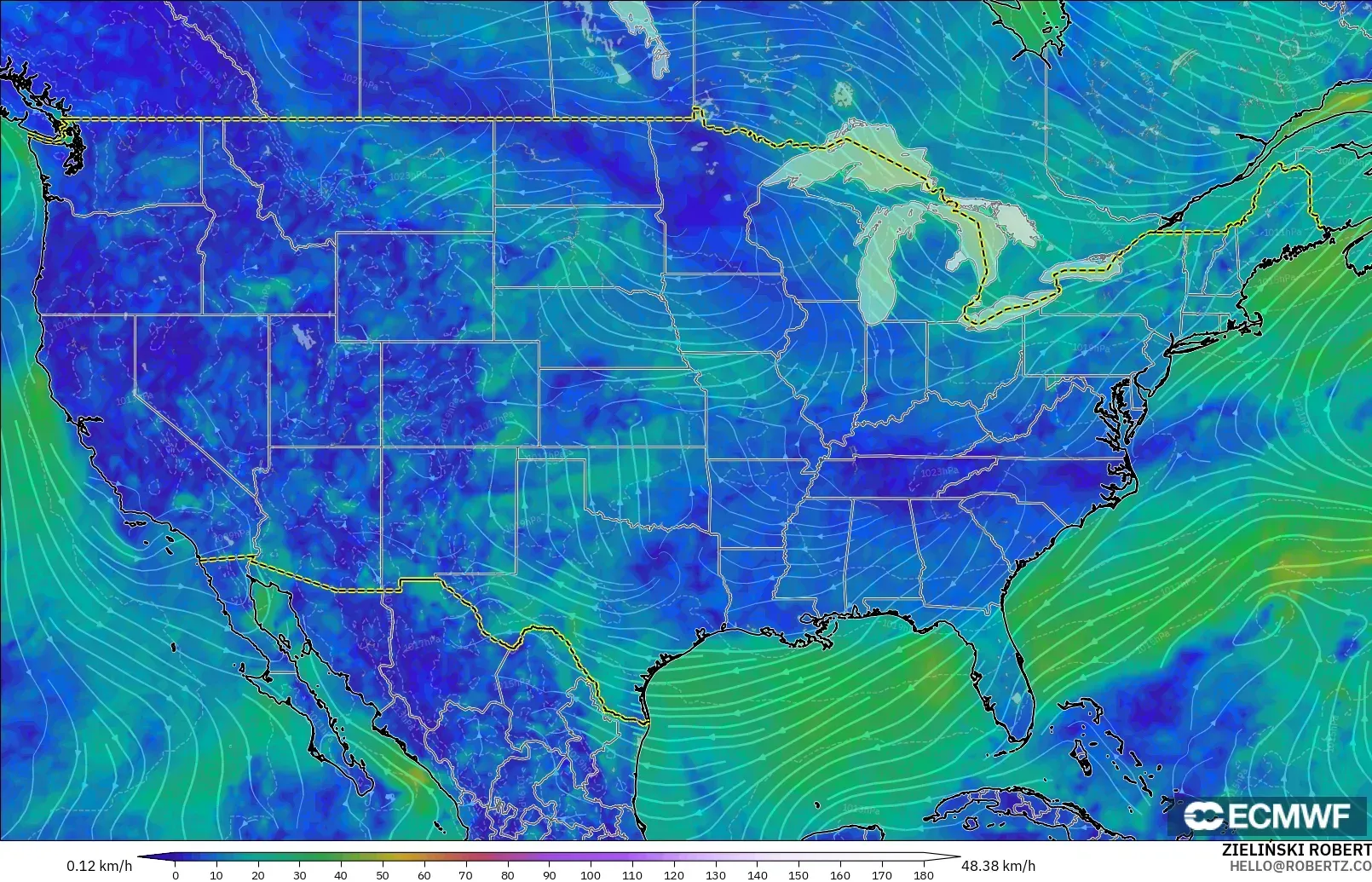 ECMWF IFS 0.25° model - Amerika Birleşik Devletleri, 10 m Rüzgâr