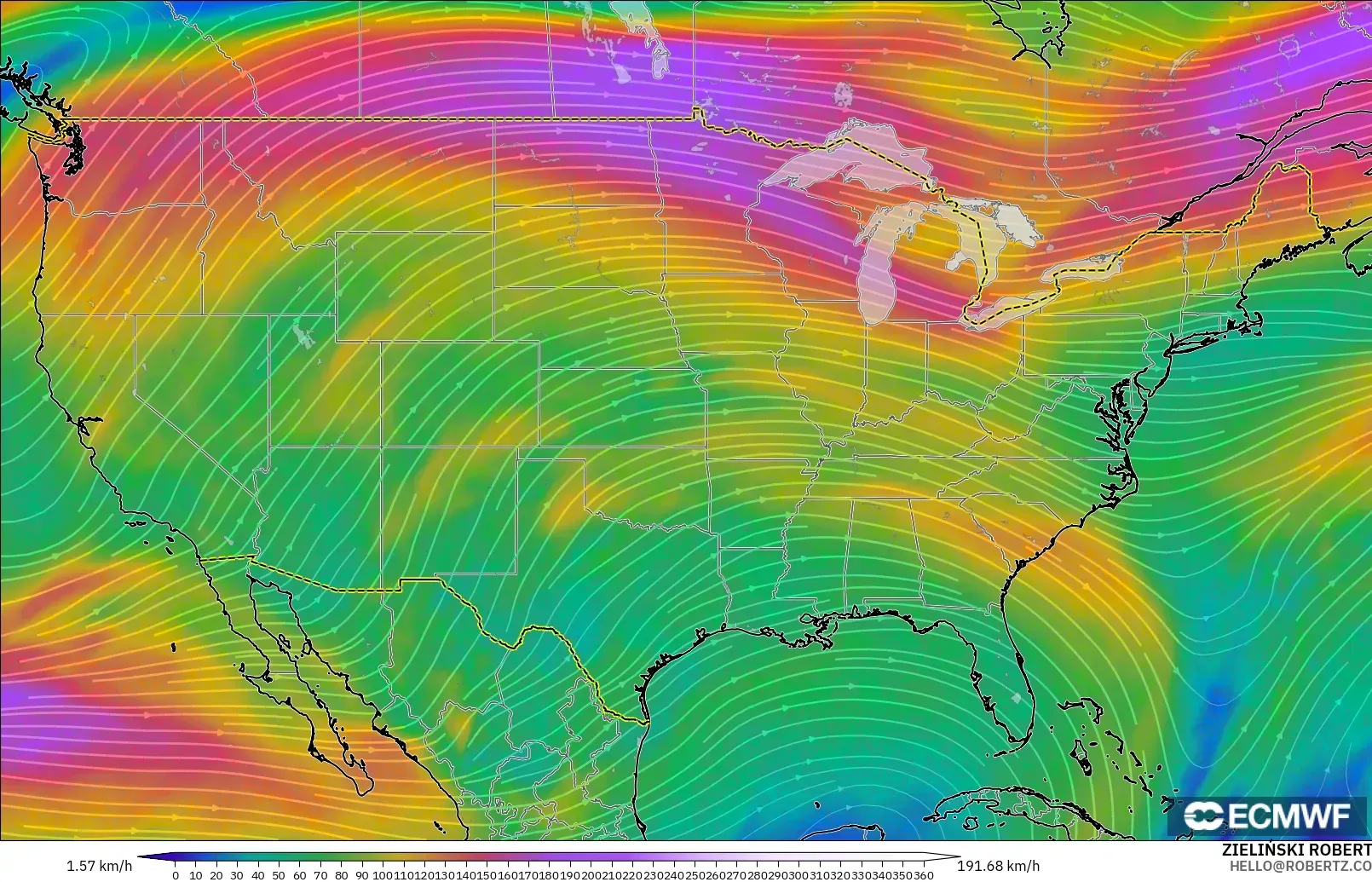 ECMWF IFS 0.25° model - Amerika Birleşik Devletleri, 300 hPa Rüzgârı (jet)