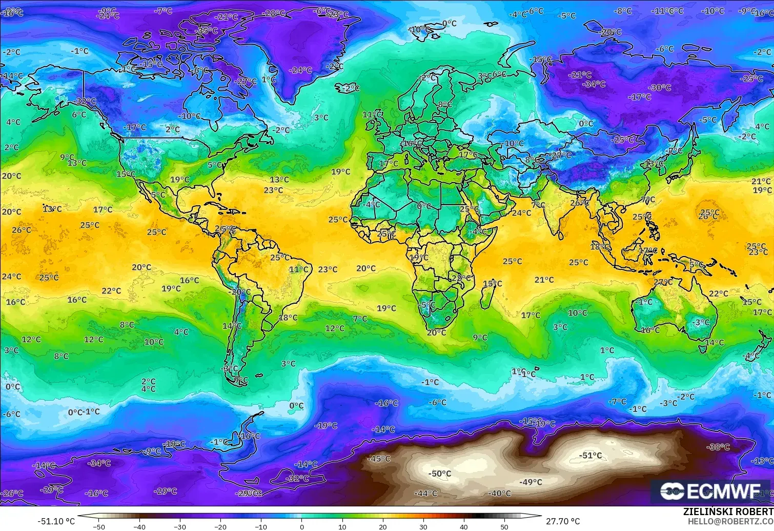 ECMWF IFS 0.25° model - Dünya, 2 m Çiy Noktası