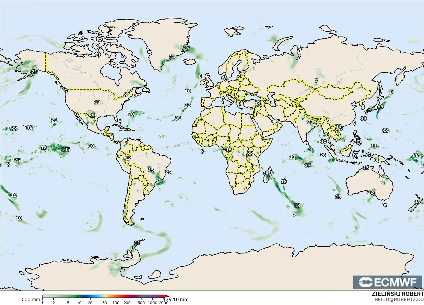 ECMWF IFS 0.25° model - Dünya, Yağış Birikimi