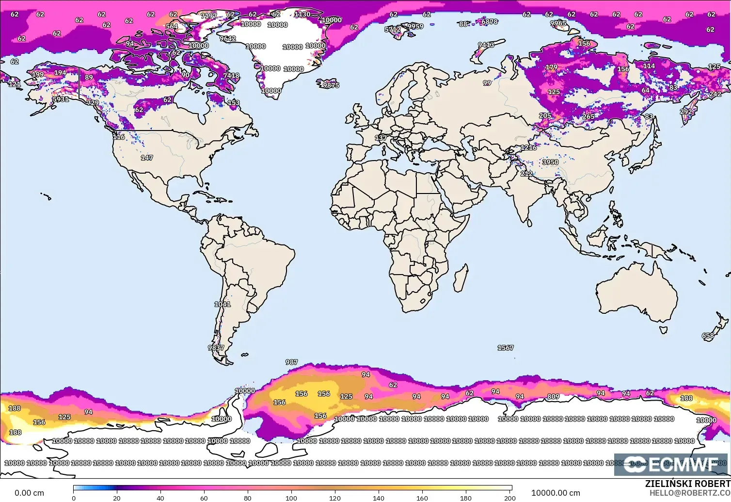 ECMWF IFS 0.25° model - Dünya, Kar Kalınlığı