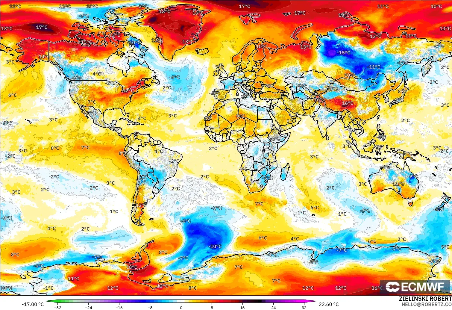 ECMWF IFS 0.25° model - Dünya, 2 m Sıcaklık Anomalisi