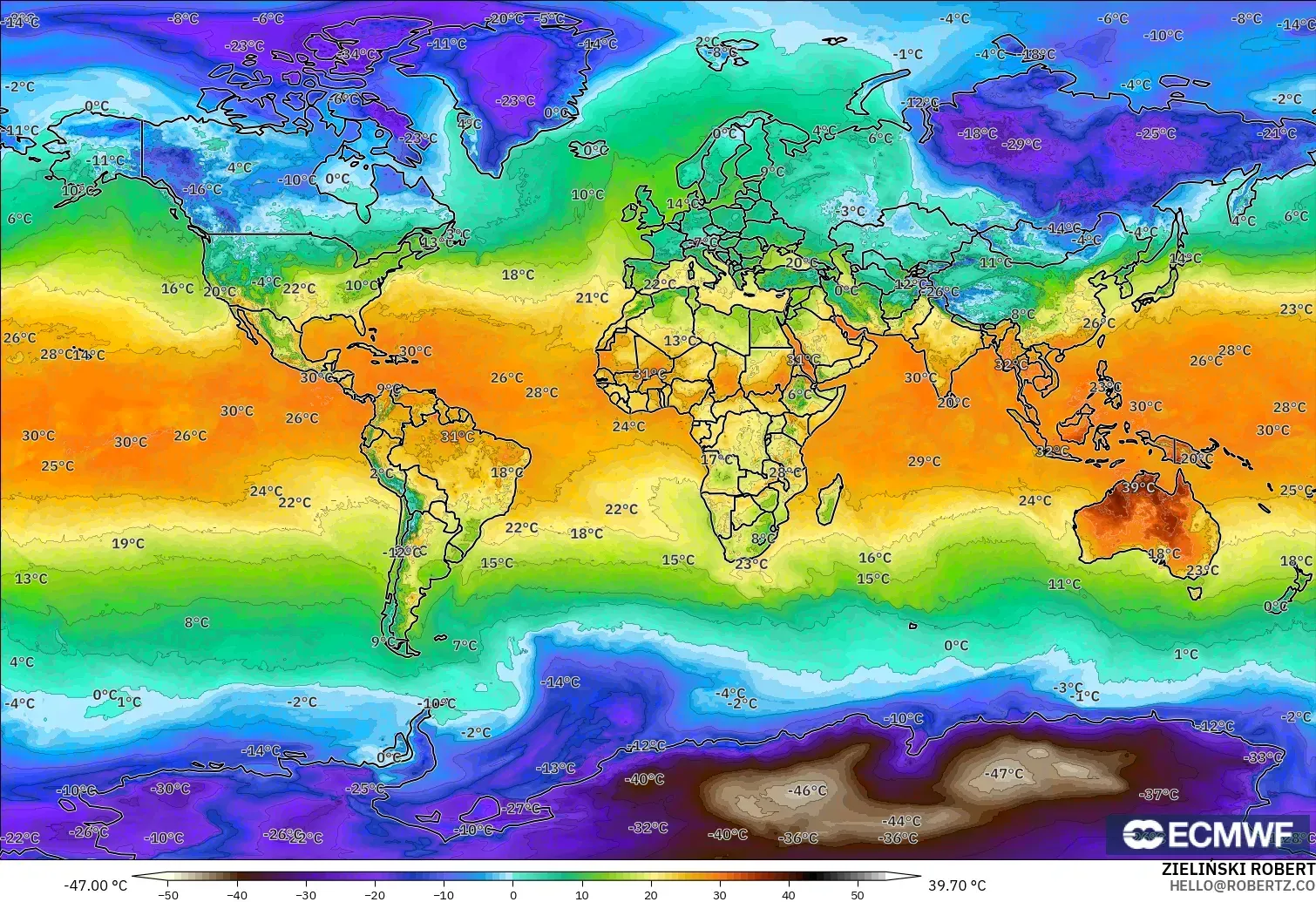 ECMWF IFS 0.25° model - Dünya, 2 m Sıcaklık