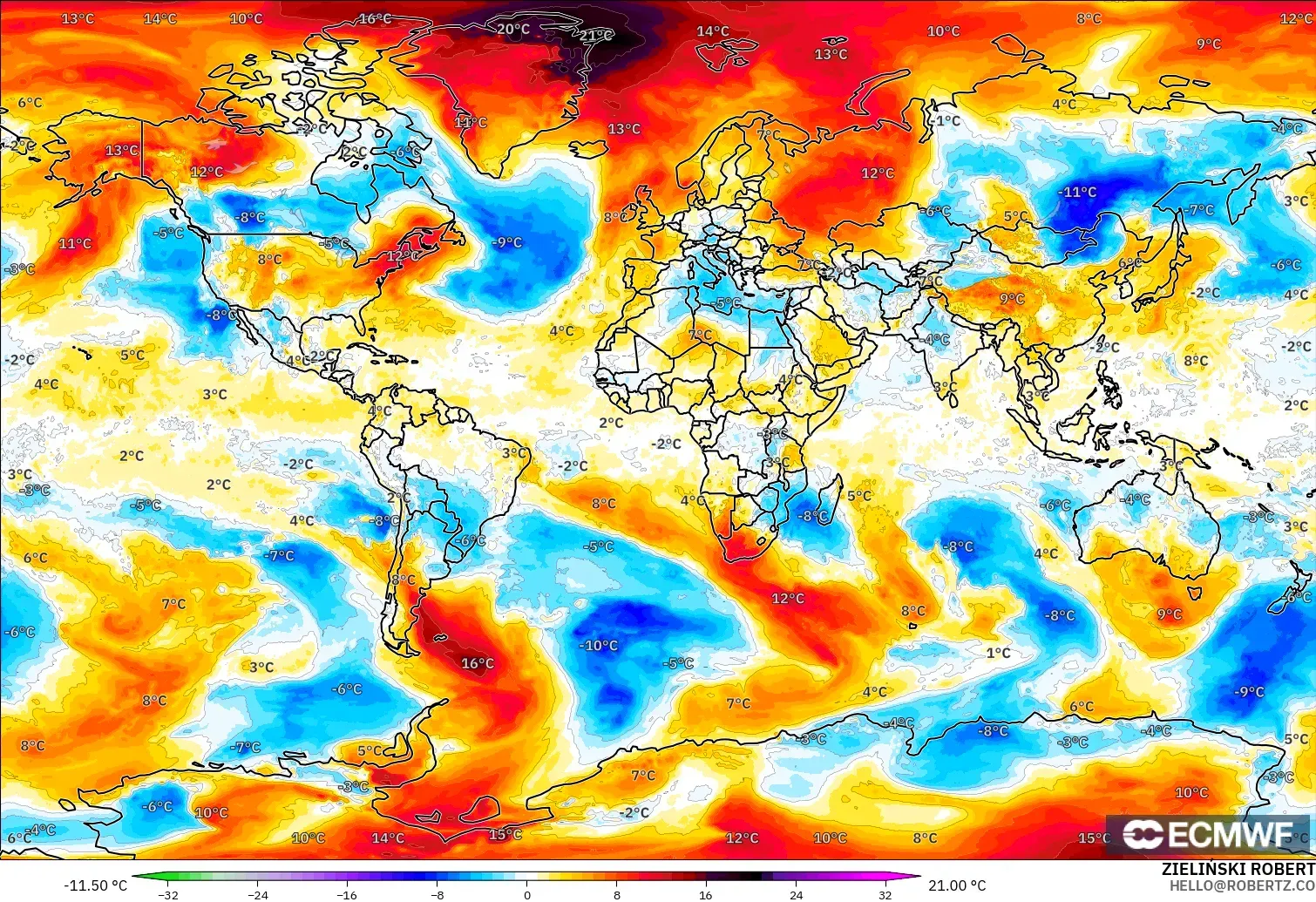 ECMWF IFS 0.25° model - Dünya, 850 hPa Sıcaklık Anomalisi