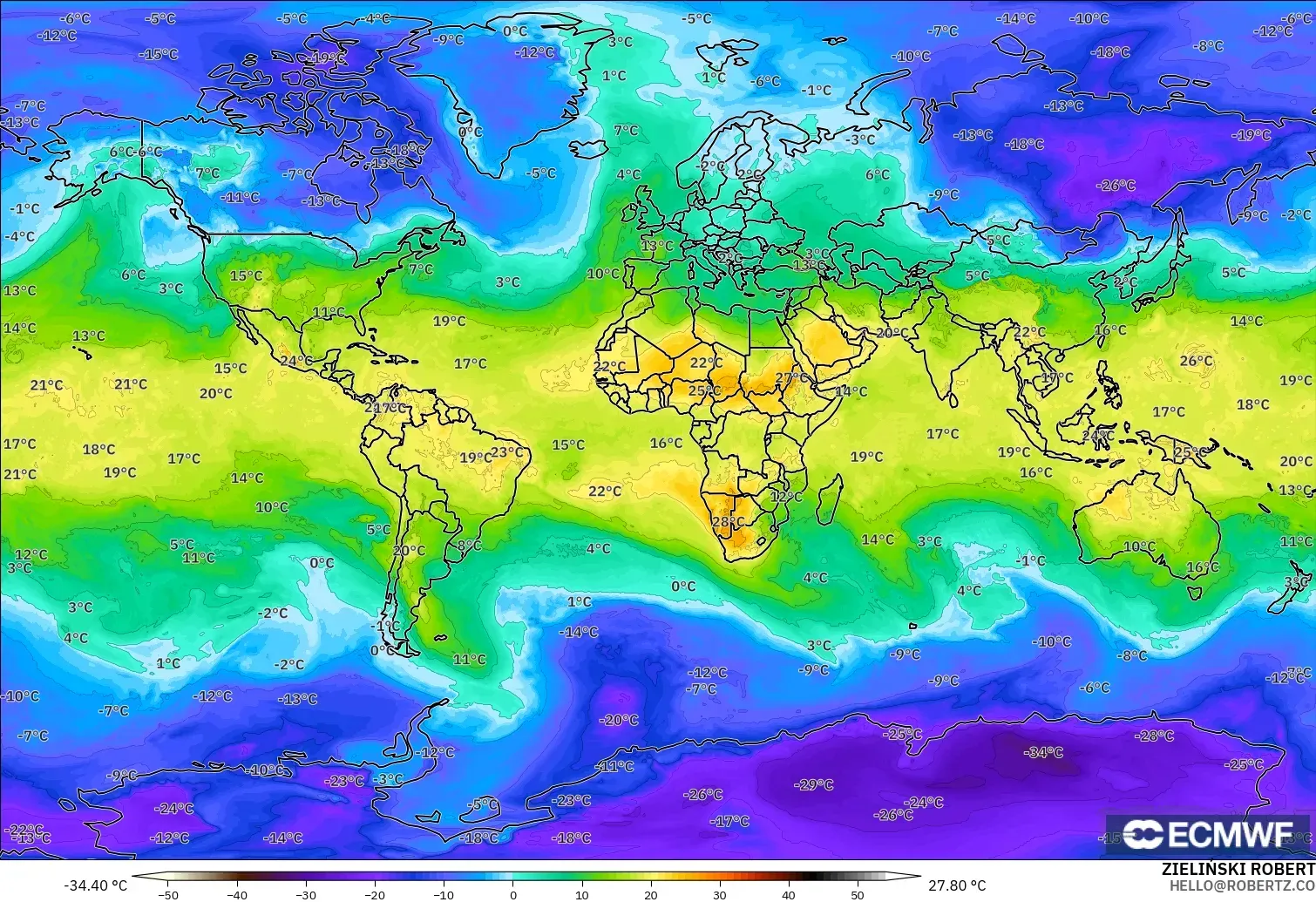 ECMWF IFS 0.25° model - Dünya, 850 hPa Sıcaklık