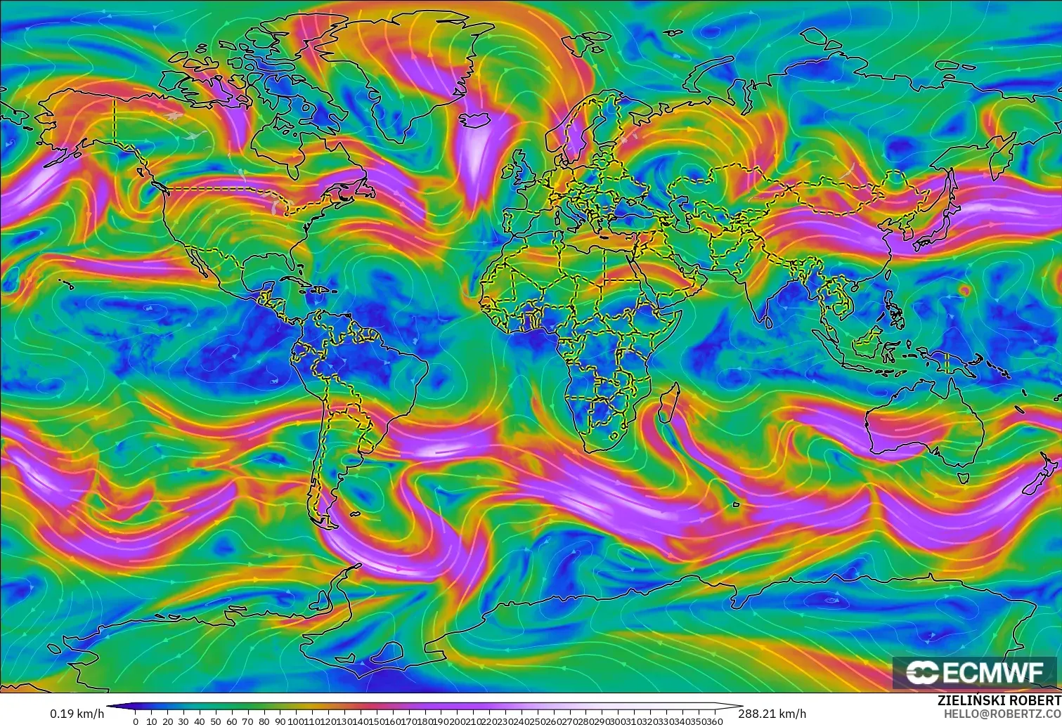 ECMWF IFS 0.25° model - Dünya, 300 hPa Rüzgârı (jet)