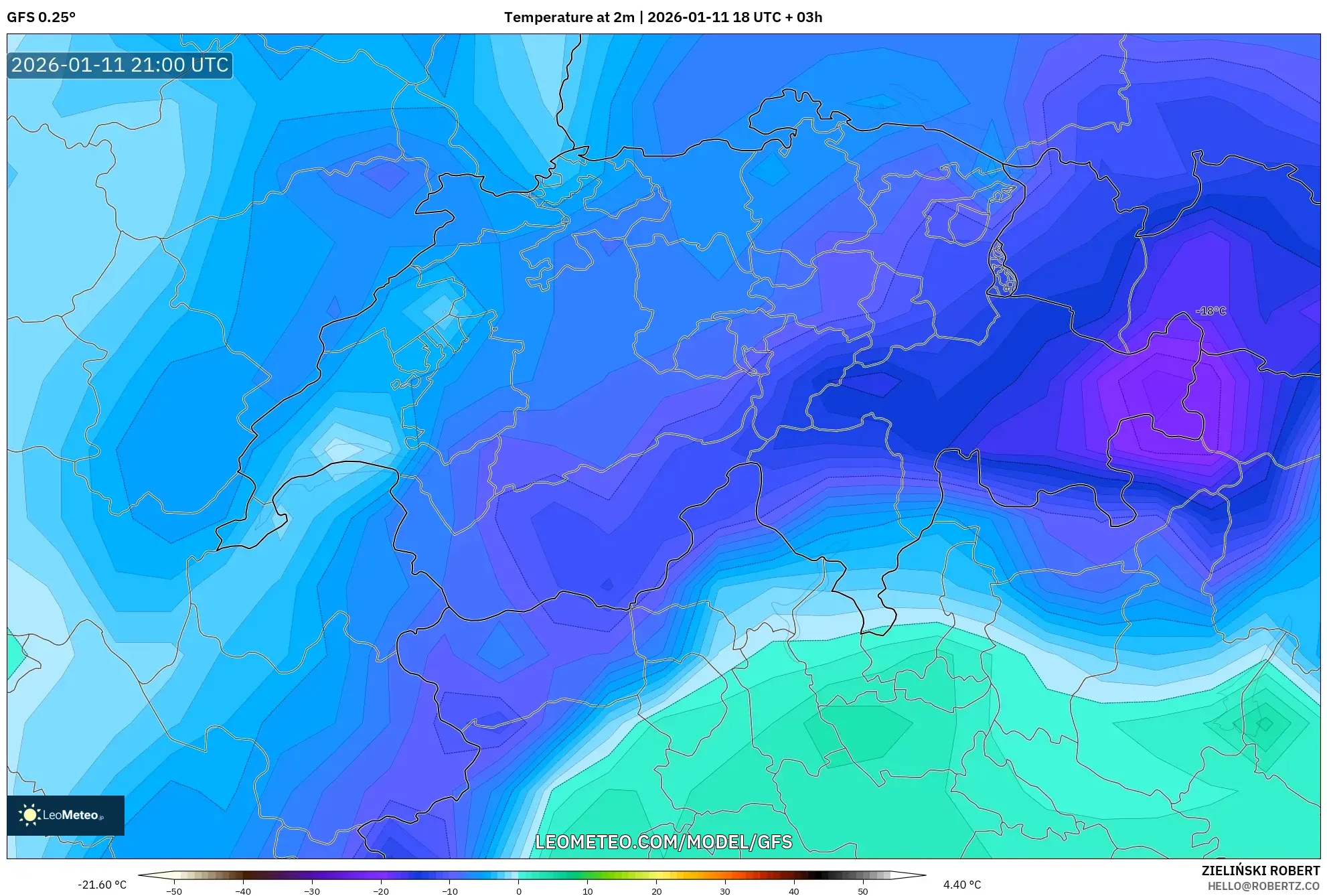 GFS model - İsviçre, 2 m Sıcaklık