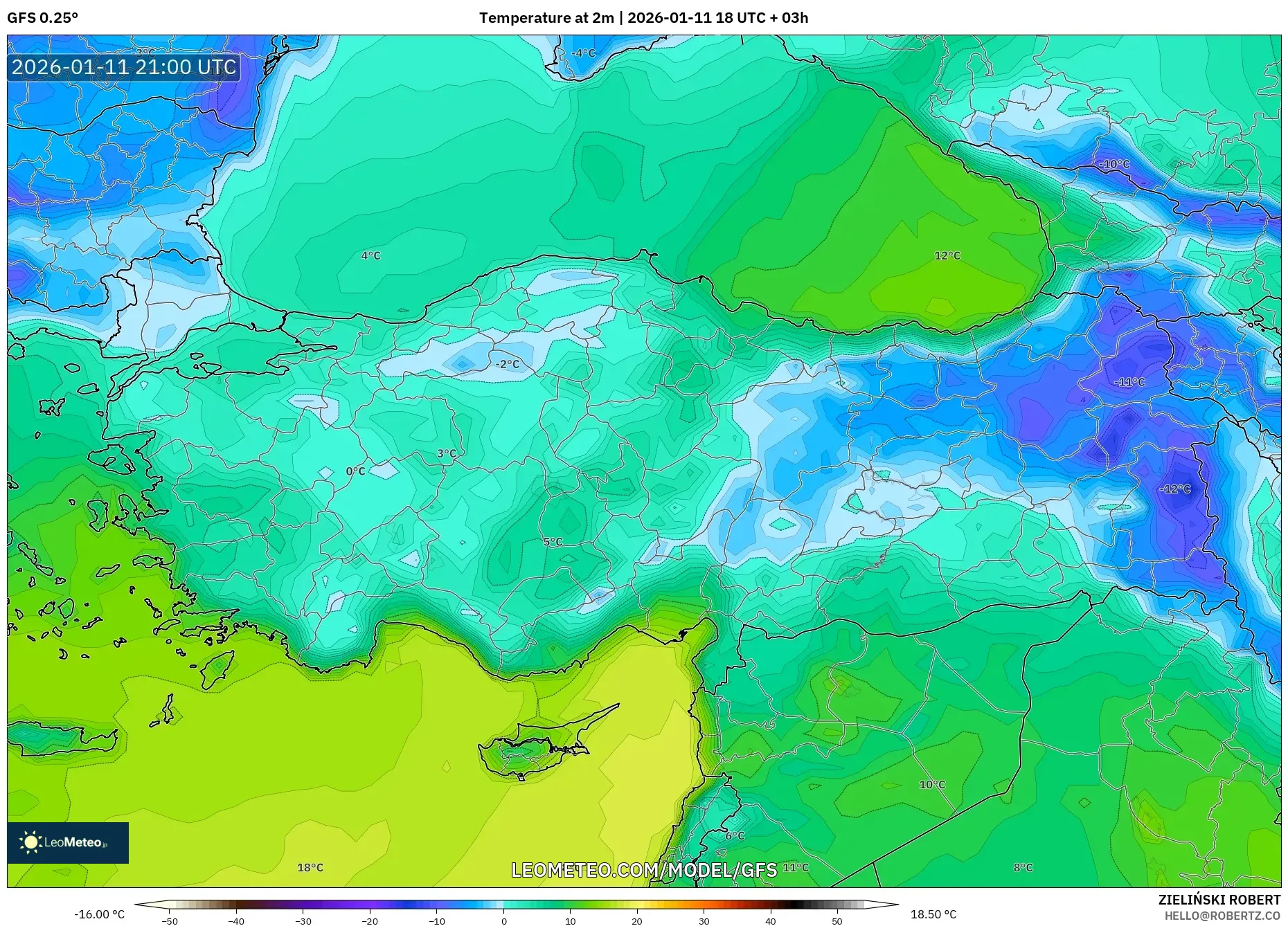 GFS model - Türkiye, 2 m Sıcaklık