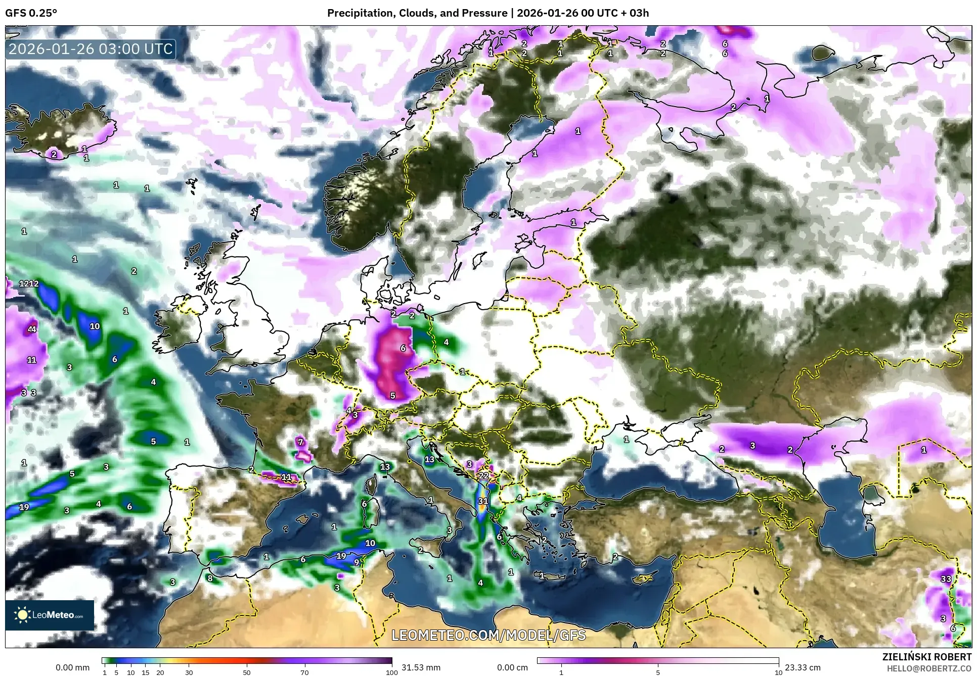 GFS model - Avrupa, Yağış, Bulut ve Basınç