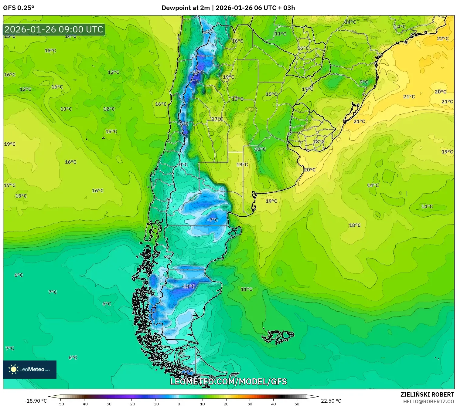 GFS model - Arjantin, 2 m Çiy Noktası